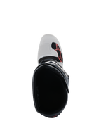 Alpinestars Tech 7 Enduro-stövlar, ljusgrå, mörkgrå och klarröd, vy uppifrån som ser ner i stöveln, visar tåpartiet med röd Alpinestars-logotyp och mönstrat växlingsskydd, professionella skor för enduro och terrängkörning