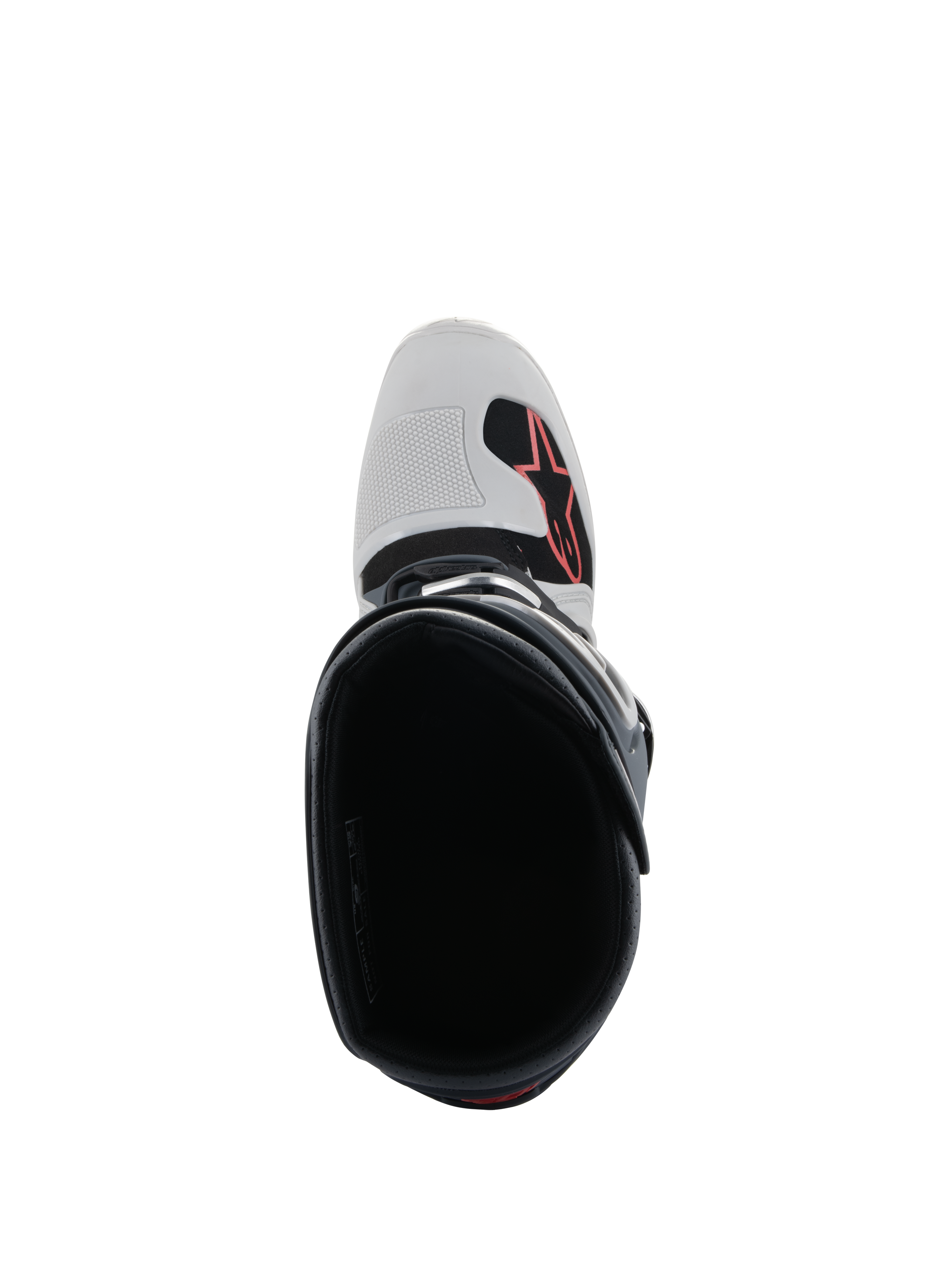 Alpinestars Tech 7 Enduro-stövlar, ljusgrå, mörkgrå och klarröd, vy uppifrån som ser ner i stöveln, visar tåpartiet med röd Alpinestars-logotyp och mönstrat växlingsskydd, professionella skor för enduro och terrängkörning