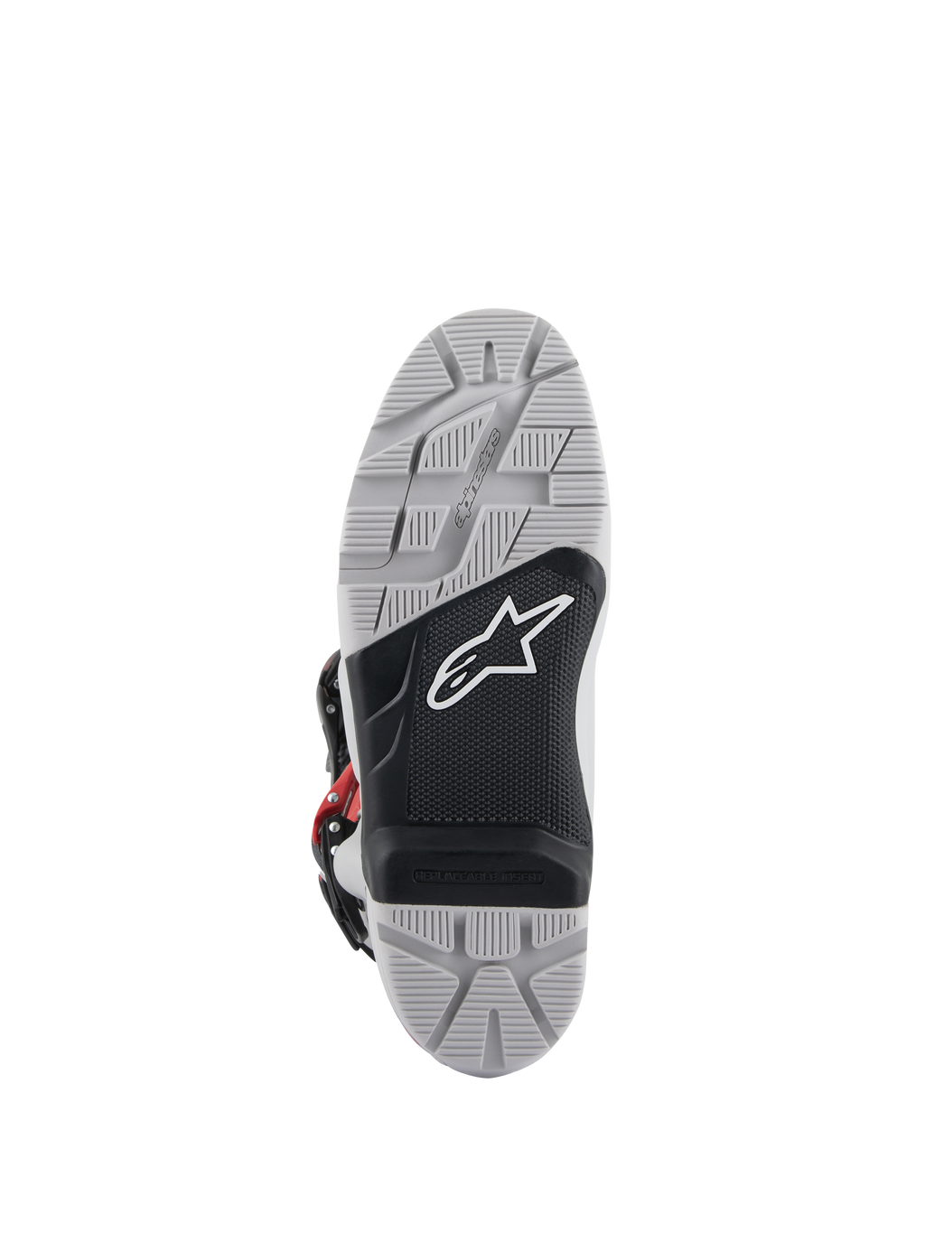 Alpinestars Tech 7 Enduro-stövlar, vy av yttersula, grå och svart dubbelsammansatt sula med vit stjärnlogotyp, djupt mönstrat sulmönster för maximalt terränggrepp, utbytbar fotpinnsinsats utformad för hållbarhet vid enduro- och terrängkörning