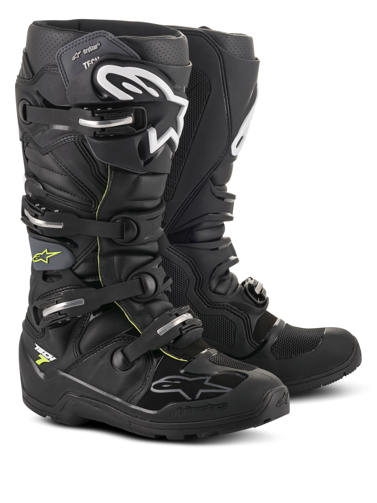 Alpinestars Tech 7 Enduro Drystar®-stövlar, professionella motocross- och endurostövlar, svarta och grå med vit logotyp och silverfärgade spännen, robust vattentät design med kraftiga sulor för terrängprestanda