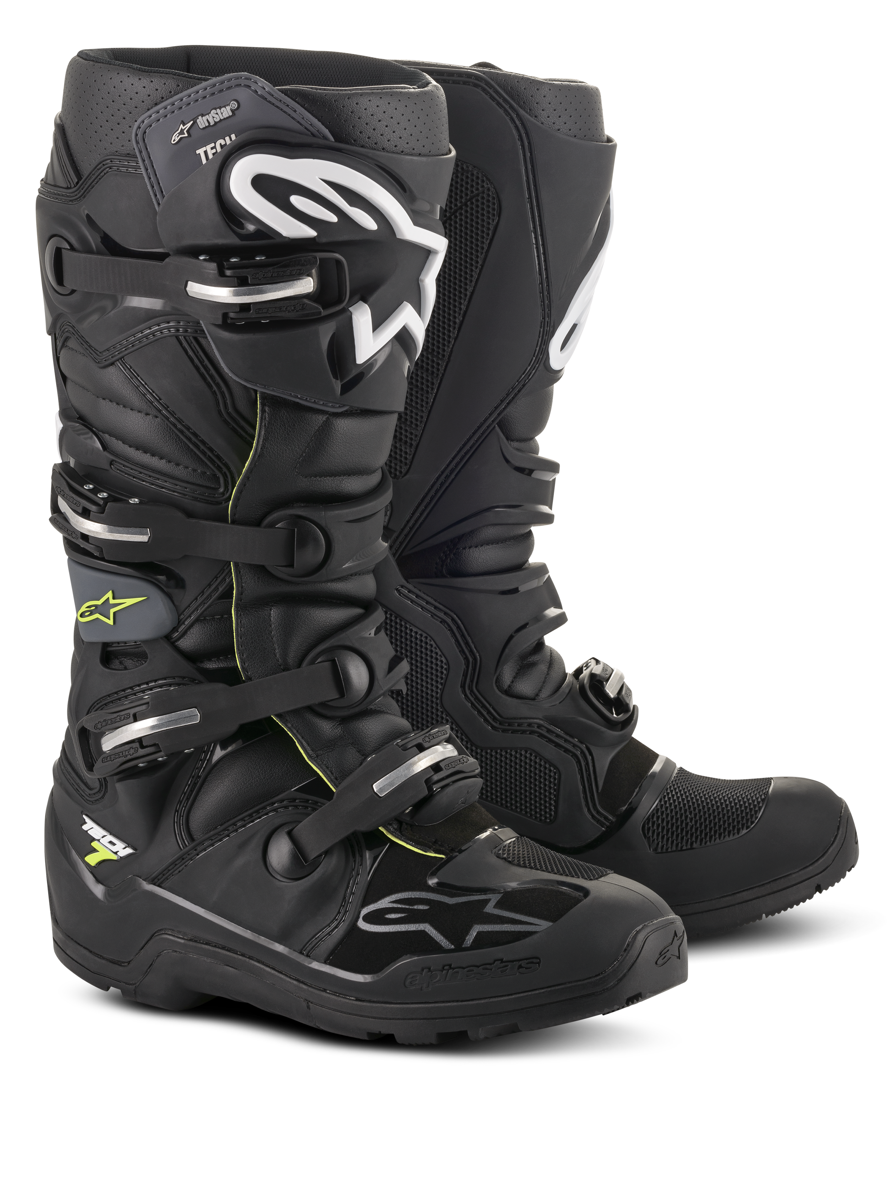 Alpinestars Tech 7 Enduro Drystar® Boots, professional motocross and enduro footwear, Black and Gray with white branding and silver buckles, rugged waterproof design with heavy-duty soles for off-road performance