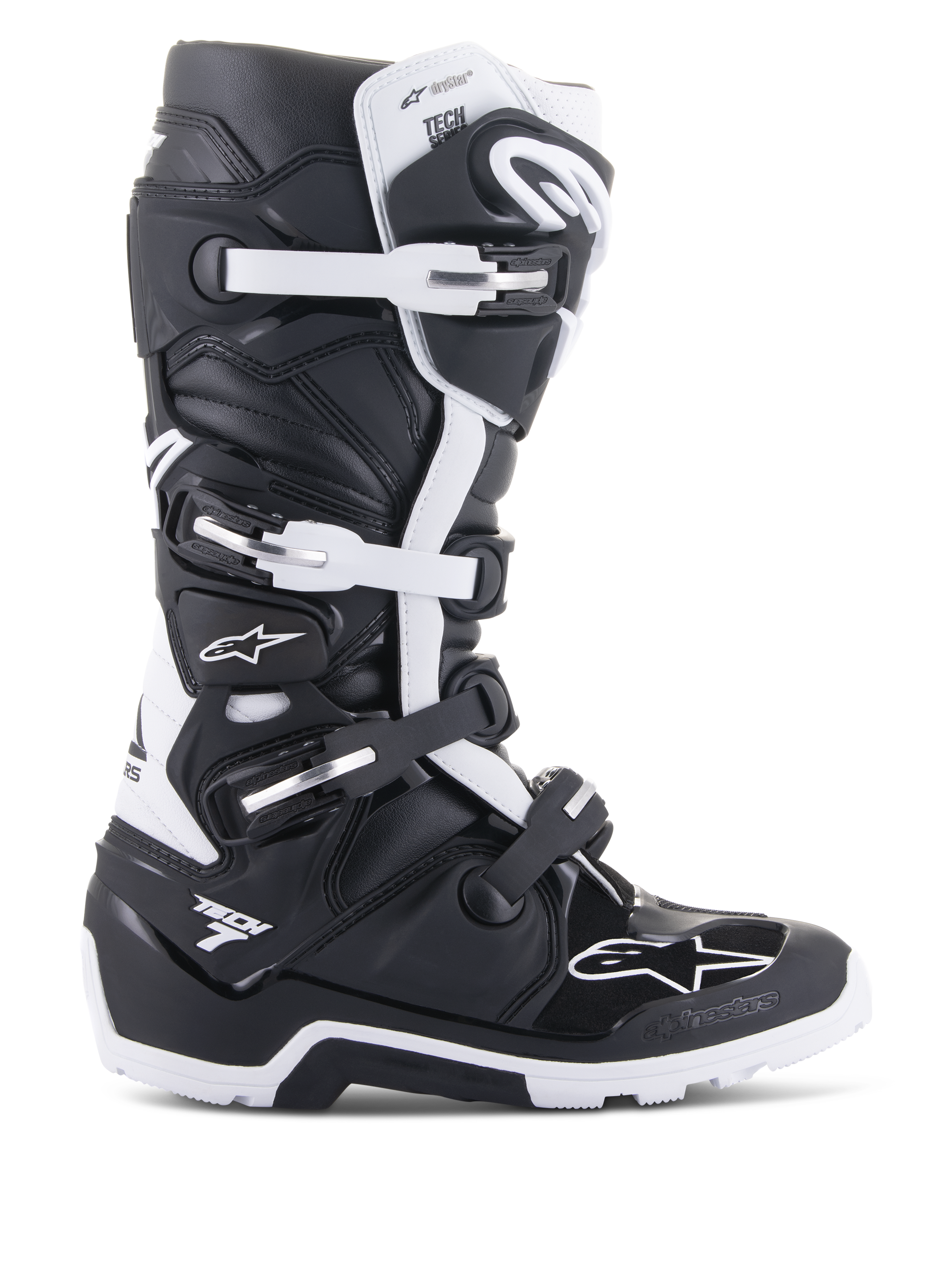 Alpinestars Tech 7 Enduro Drystar-stövlar, motorcykelstövlar för enduro och terräng, svarta och vita, stängningssystem med fyra spännen, vattentätt Drystar-membran, robust sula för grepp i terräng, hållbara TPU-skyddspaneler med Alpinestars-logotyper