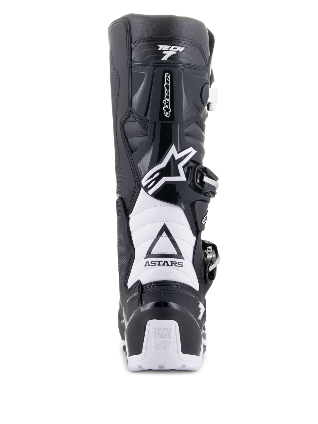Alpinestars Tech 7 Enduro Drystar Boots, Black and White, rear view showing TPU protective structure, white accordion flex zones, and buckle closure system, featuring Alpinestars branding on the heel and upper