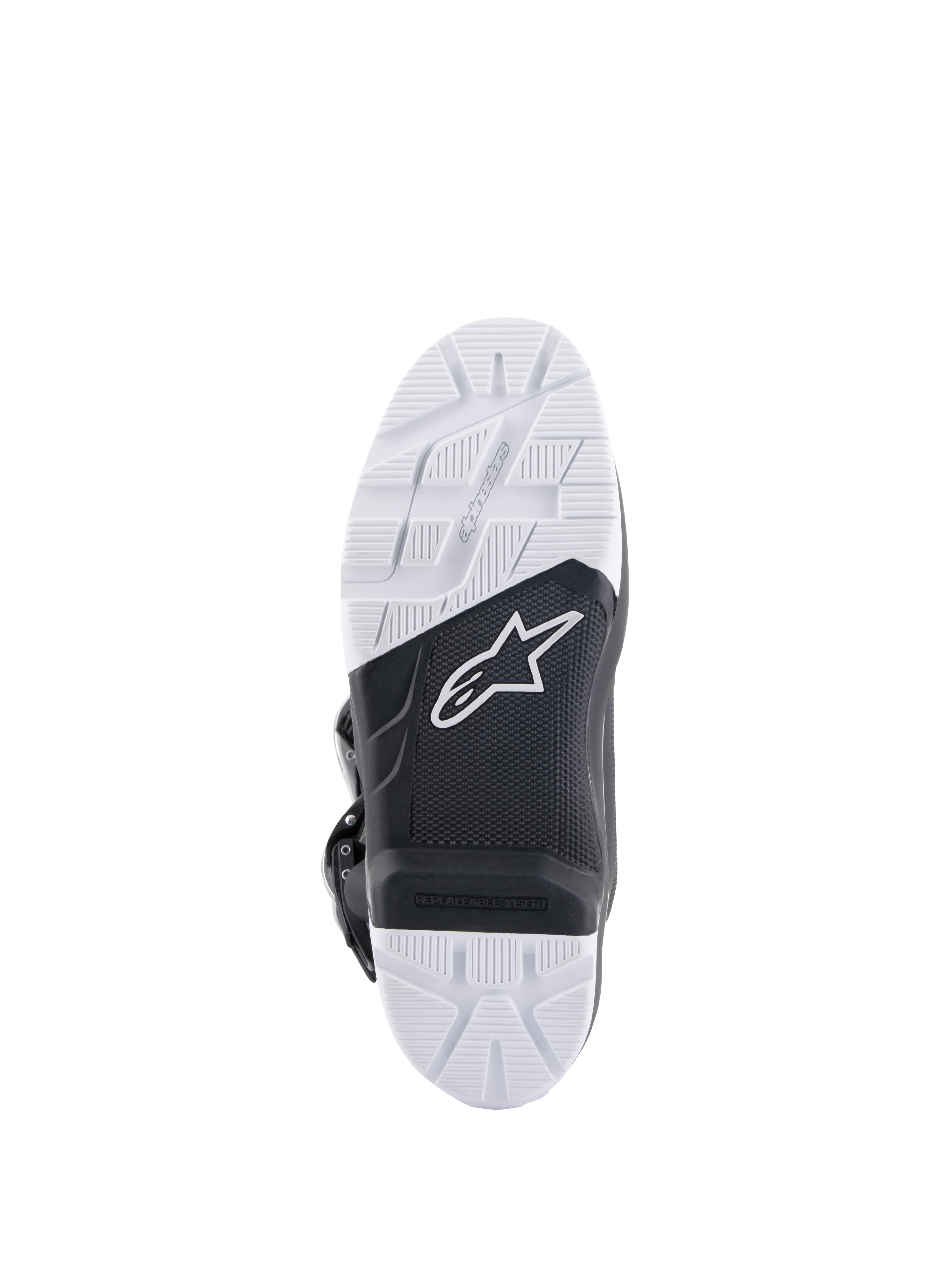 Alpinestars Tech 7 Enduro Drystar® Boots, sole detail view, high-grip black and white double density rubber compound, featuring the Alpinestars logo and replaceable footpeg insert, designed for off-road and enduro traction.