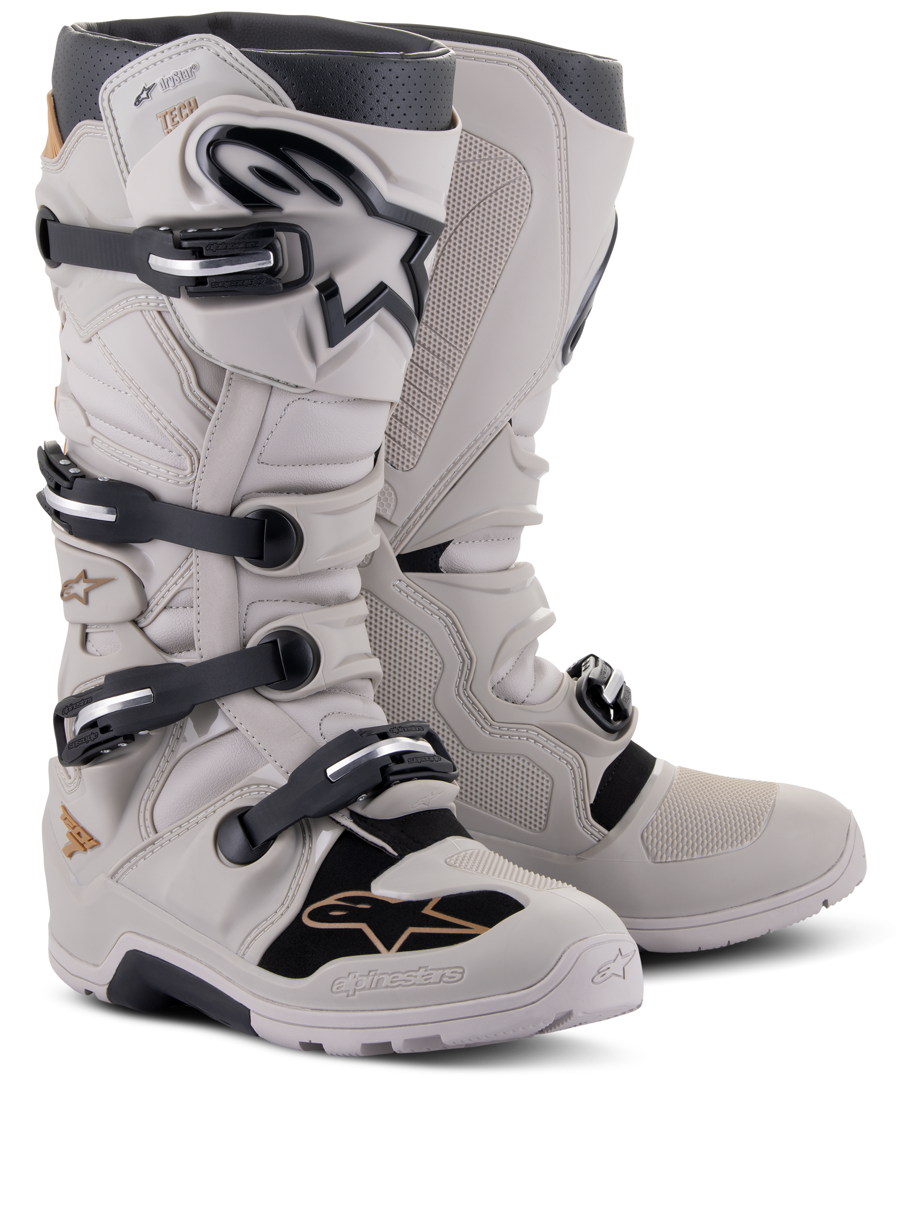 Alpinestars Tech 7 Enduro Drystar® stövlar, off-road endurostövlar, Gray Sand, med fyra svarta spännen, vattentätt membran, TPU-skenbensplatta och robust sula för motocross- och enduroåkning