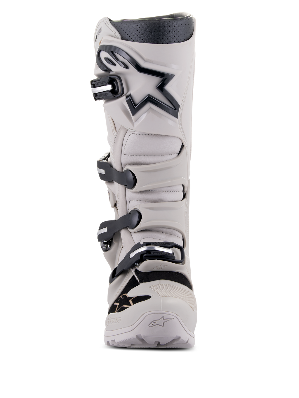 Alpinestars Tech 7 Enduro Drystar® stövlar, enduro- och terrängstövlar, Gray Sand, ljusgrå med svarta detaljer och logotyp, med ett stängningssystem med fyra spännen, förstärkt skenbensplatta och robust design för prestanda i alla väder