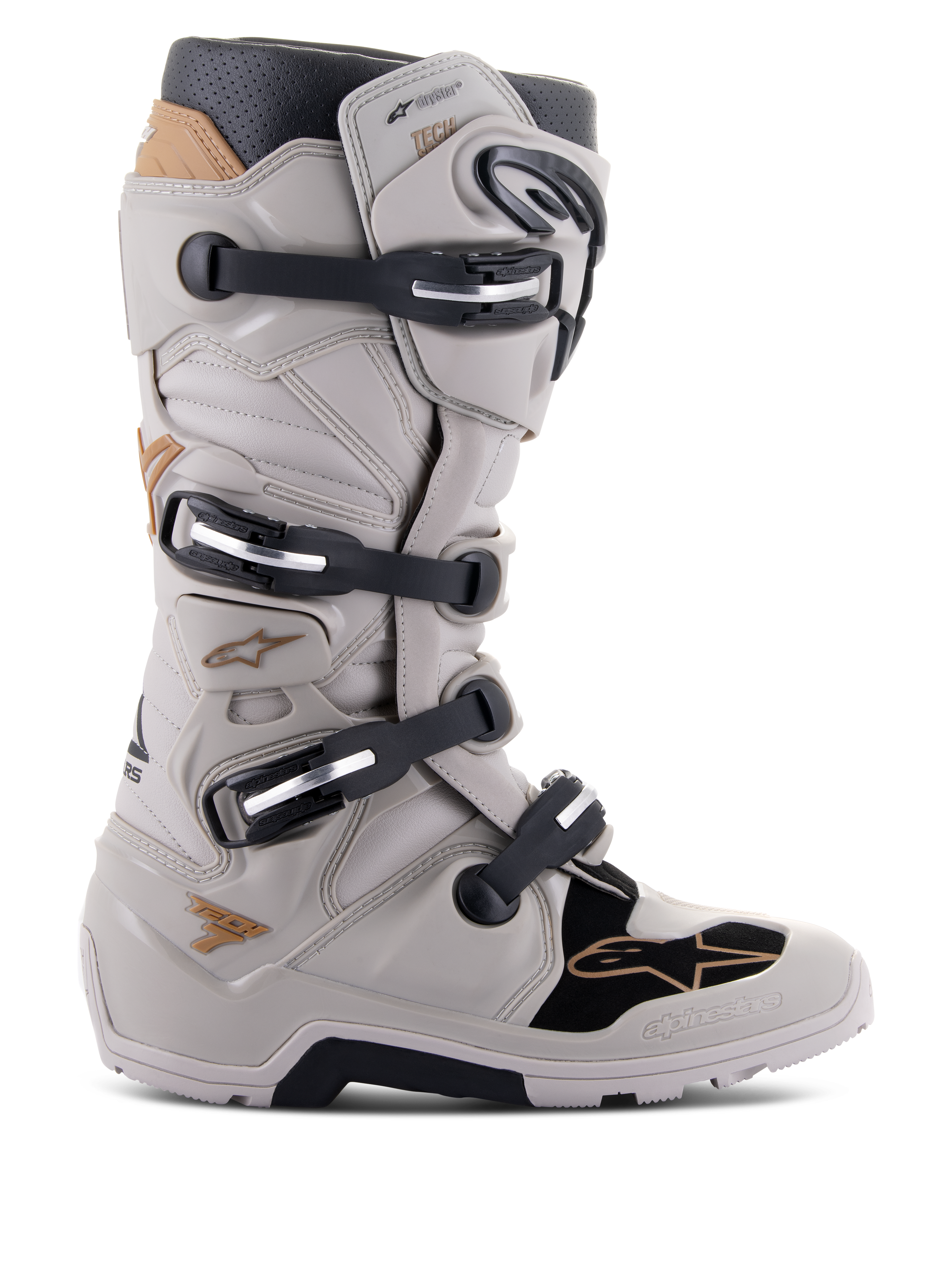 Alpinestars Tech 7 Enduro Drystar-stövlar, vattentäta enduro-motorcykelstövlar, grå sand och svarta med gulddetaljer, stängningssystem med fyra spännen, TPU-skyddsplattor, robust sula för grepp vid terrängkörning