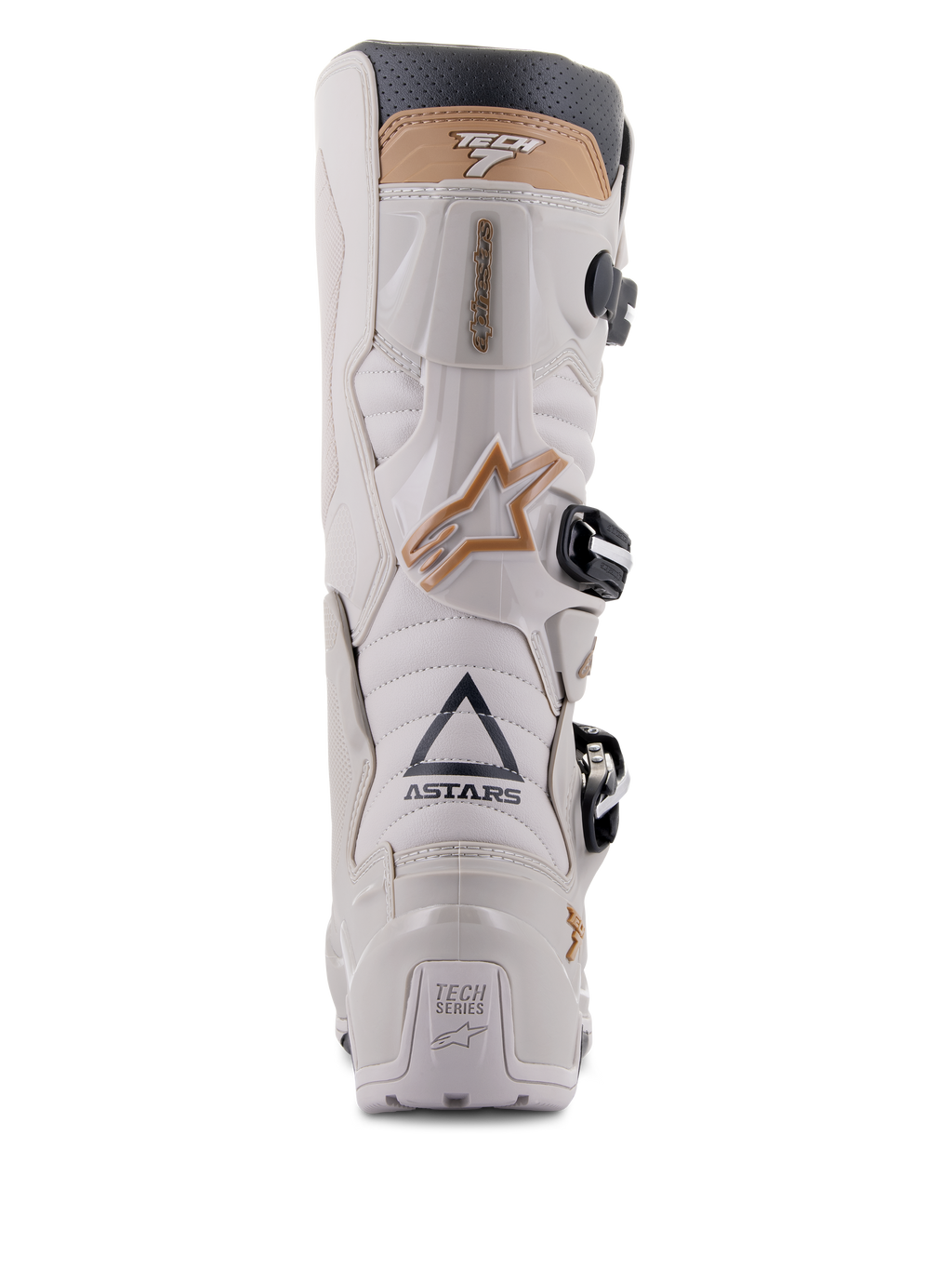 Alpinestars Tech 7 Enduro Drystar®-stövlar, Gray Sand, baksida som framhäver ASTARS-logotypen och TECH SERIES-hälplatta, ljusgrått TPU-chassi med sandfärgade detaljer och svarta spännen, konstruerade för endurokörning