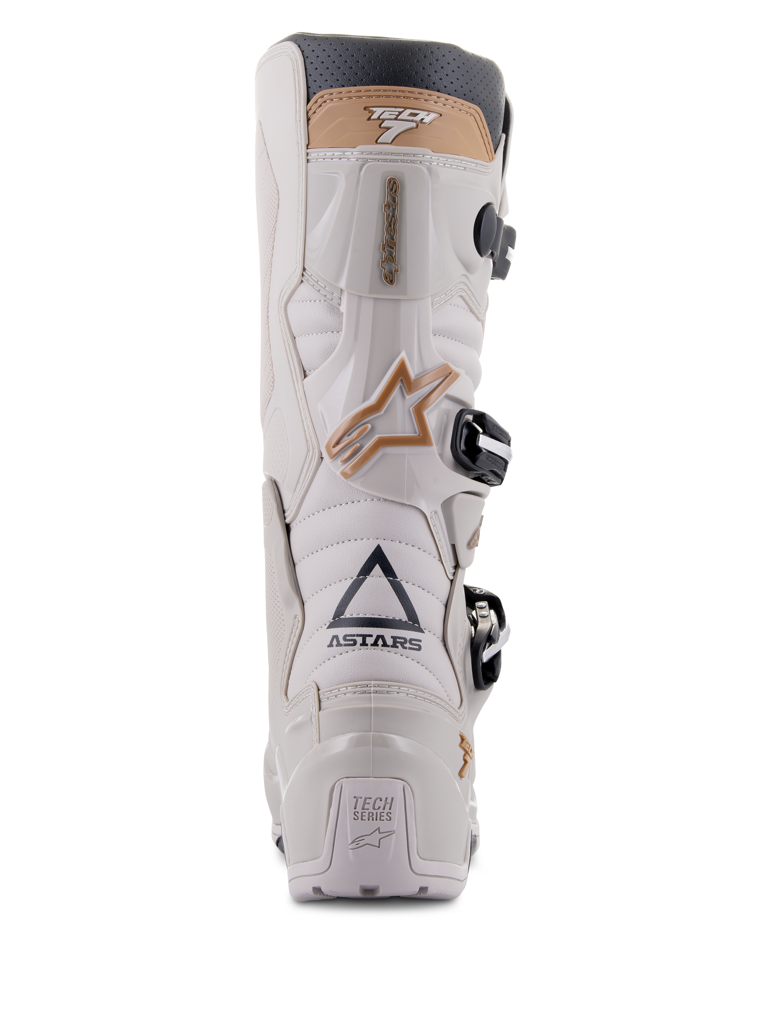 Alpinestars Tech 7 Enduro Drystar®-stövlar, Gray Sand, baksida som framhäver ASTARS-logotypen och TECH SERIES-hälplatta, ljusgrått TPU-chassi med sandfärgade detaljer och svarta spännen, konstruerade för endurokörning