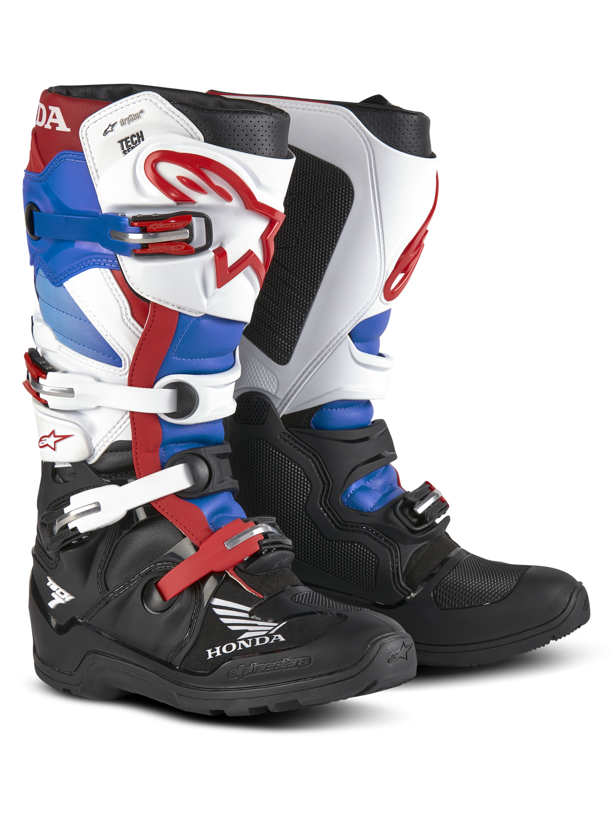 Alpinestars Honda Tech 7 Enduro Drystar stövlar, motorcykelterrängskor, röda, blå, svarta och vita, flera justerbara spännen, Honda-logotyp, robust konstruktion med förstärkta skyddsområden