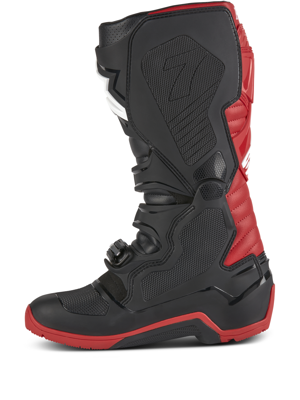 Alpinestars Honda Tech 7 Enduro Drystar®-stövlar, motocross- och endurostövlar, svarta och klarröda, sidoprofil som visar robusta spännen, TPU-skyddsplattor och en röd förstärkt sula