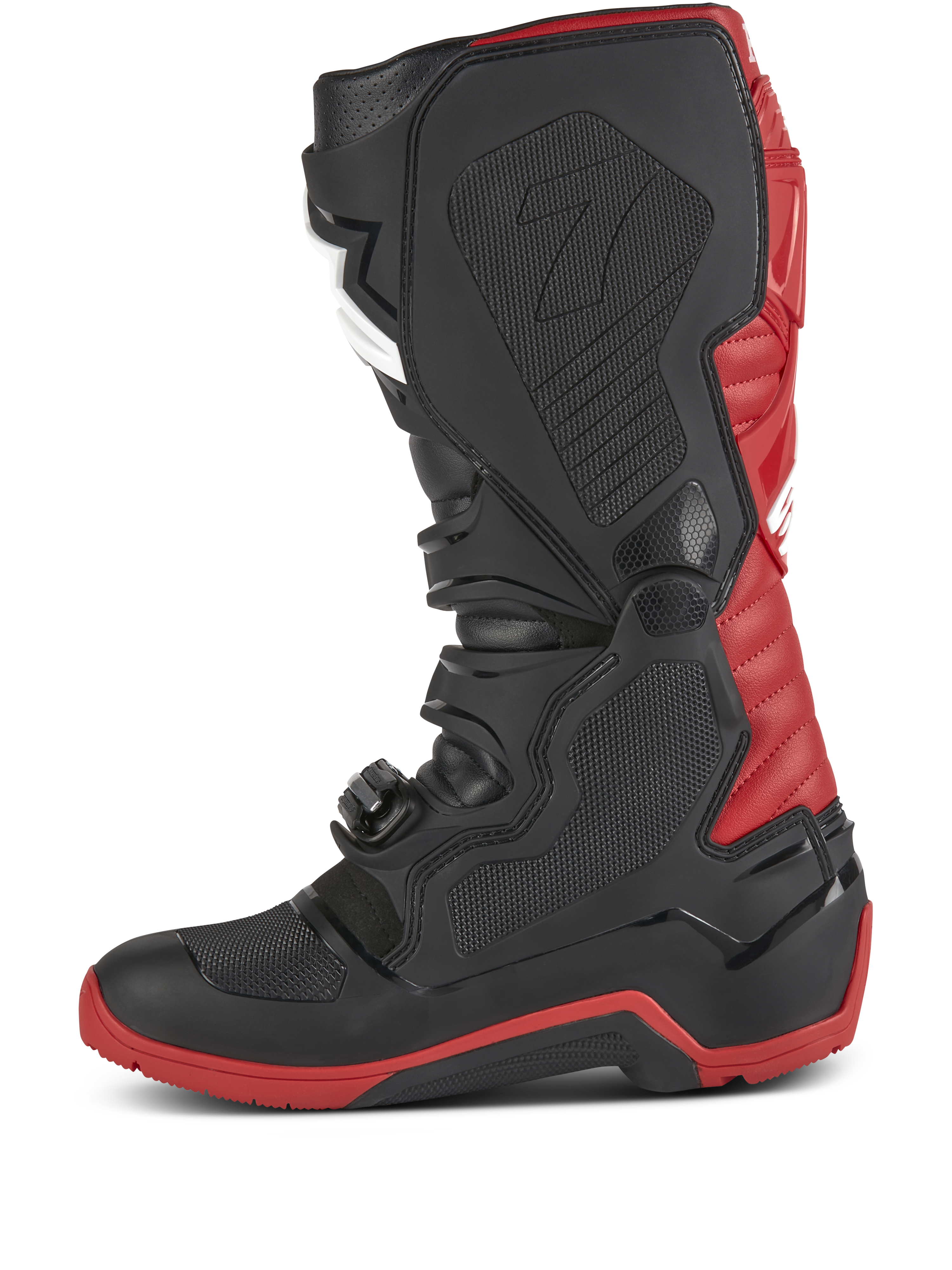 Alpinestars Honda Tech 7 Enduro Drystar®-stövlar, motocross- och endurostövlar, svarta och klarröda, sidoprofil som visar robusta spännen, TPU-skyddsplattor och en röd förstärkt sula