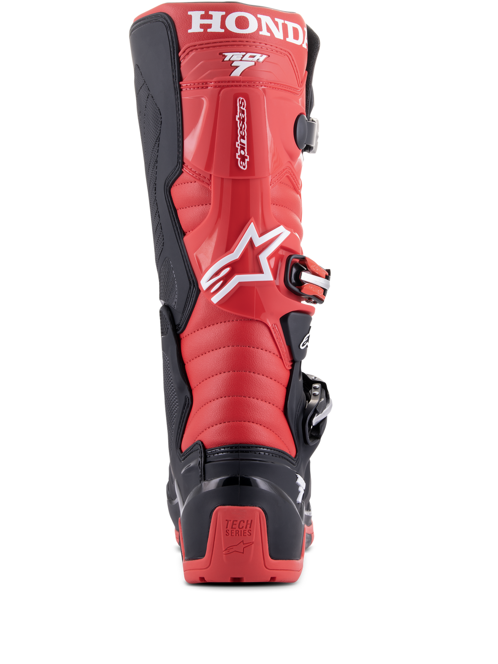 Alpinestars Honda Tech 7 Enduro Drystar®-stövlar, svart och klarröd, vy bakifrån med framträdande HONDA-varumärke på den övre vaden, TPU-hälskydd med Tech Series-logotyp och ett säkert spännsystem.