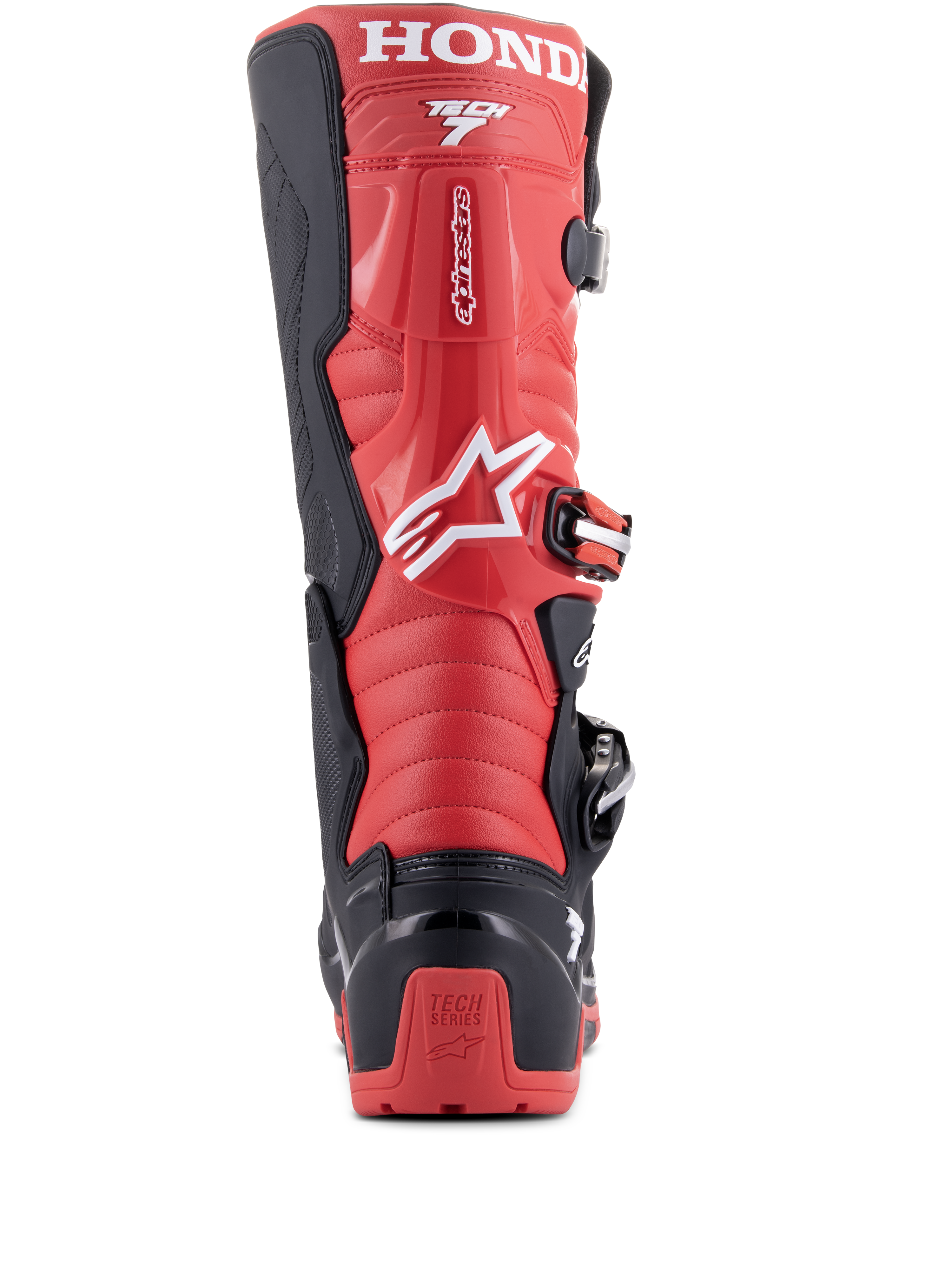 Alpinestars Honda Tech 7 Enduro Drystar®-stövlar, svart och klarröd, vy bakifrån med framträdande HONDA-varumärke på den övre vaden, TPU-hälskydd med Tech Series-logotyp och ett säkert spännsystem.