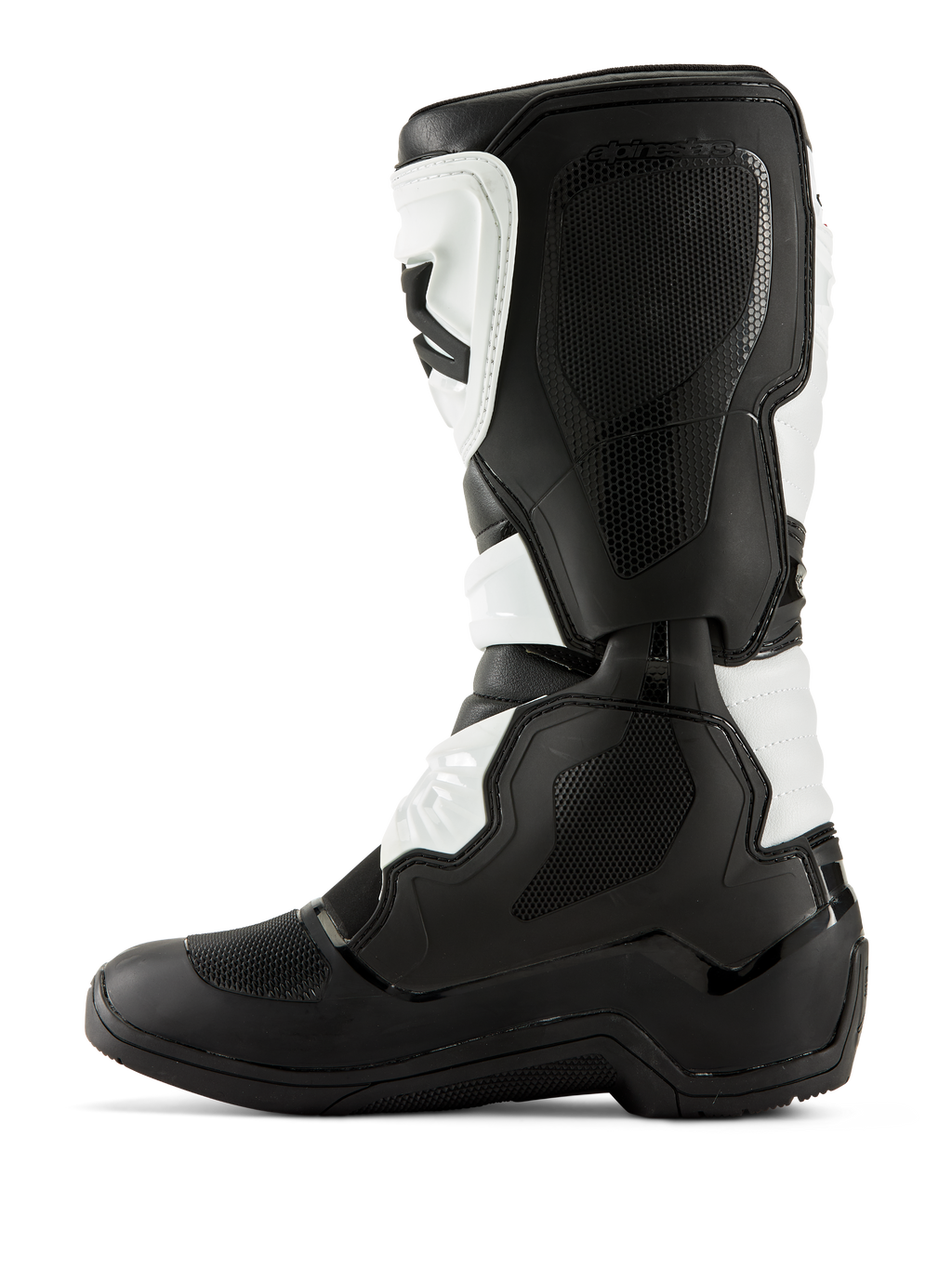 Alpinestars Tech 3 Boots, Motocross Boots, Black and White, medial side profile featuring textured grip panels, TPU protectors, and durable microfiber construction, professional-grade off-road footwear.