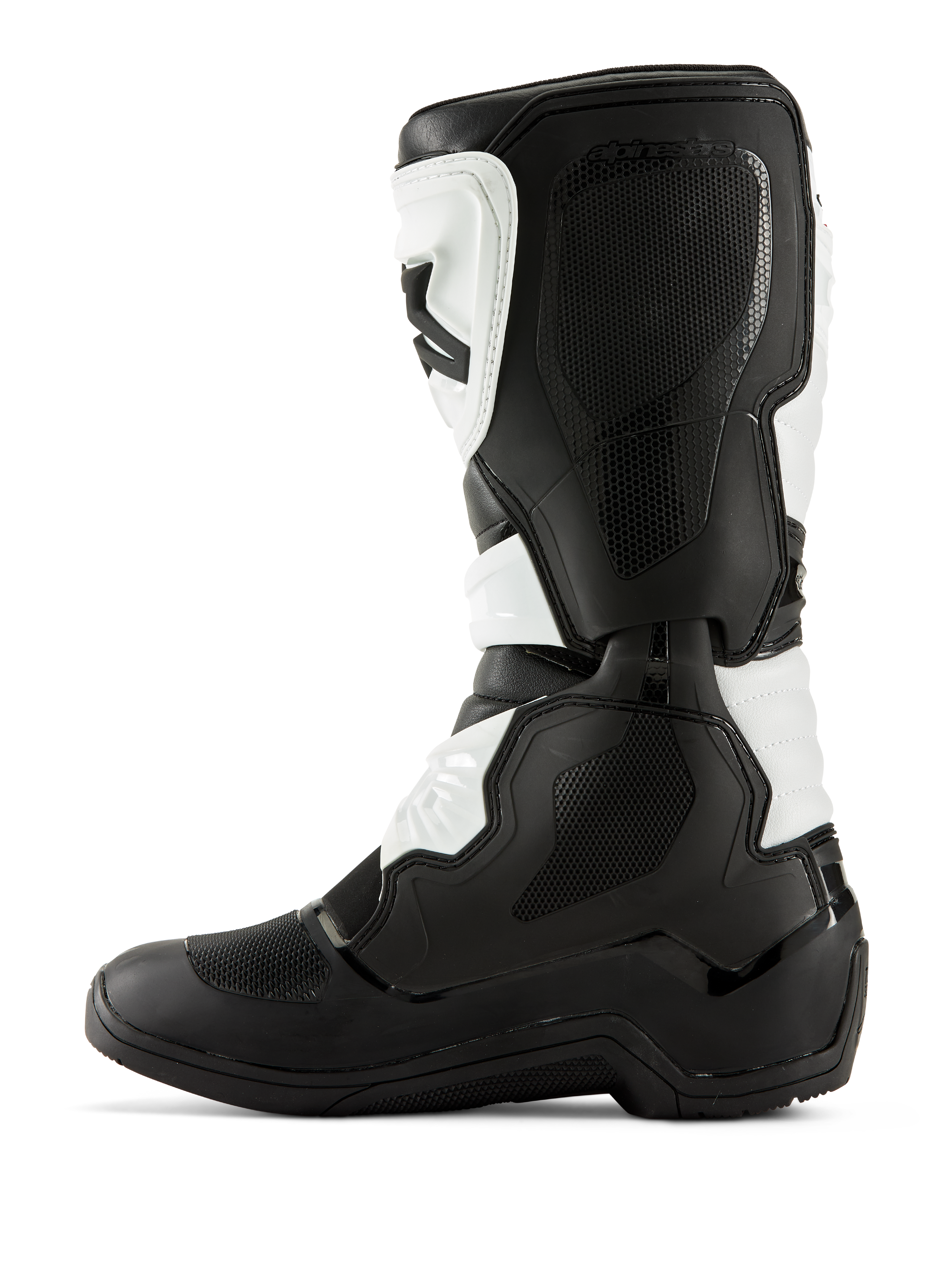 Alpinestars Tech 3 Boots, Motocross Boots, Black and White, medial side profile featuring textured grip panels, TPU protectors, and durable microfiber construction, professional-grade off-road footwear.