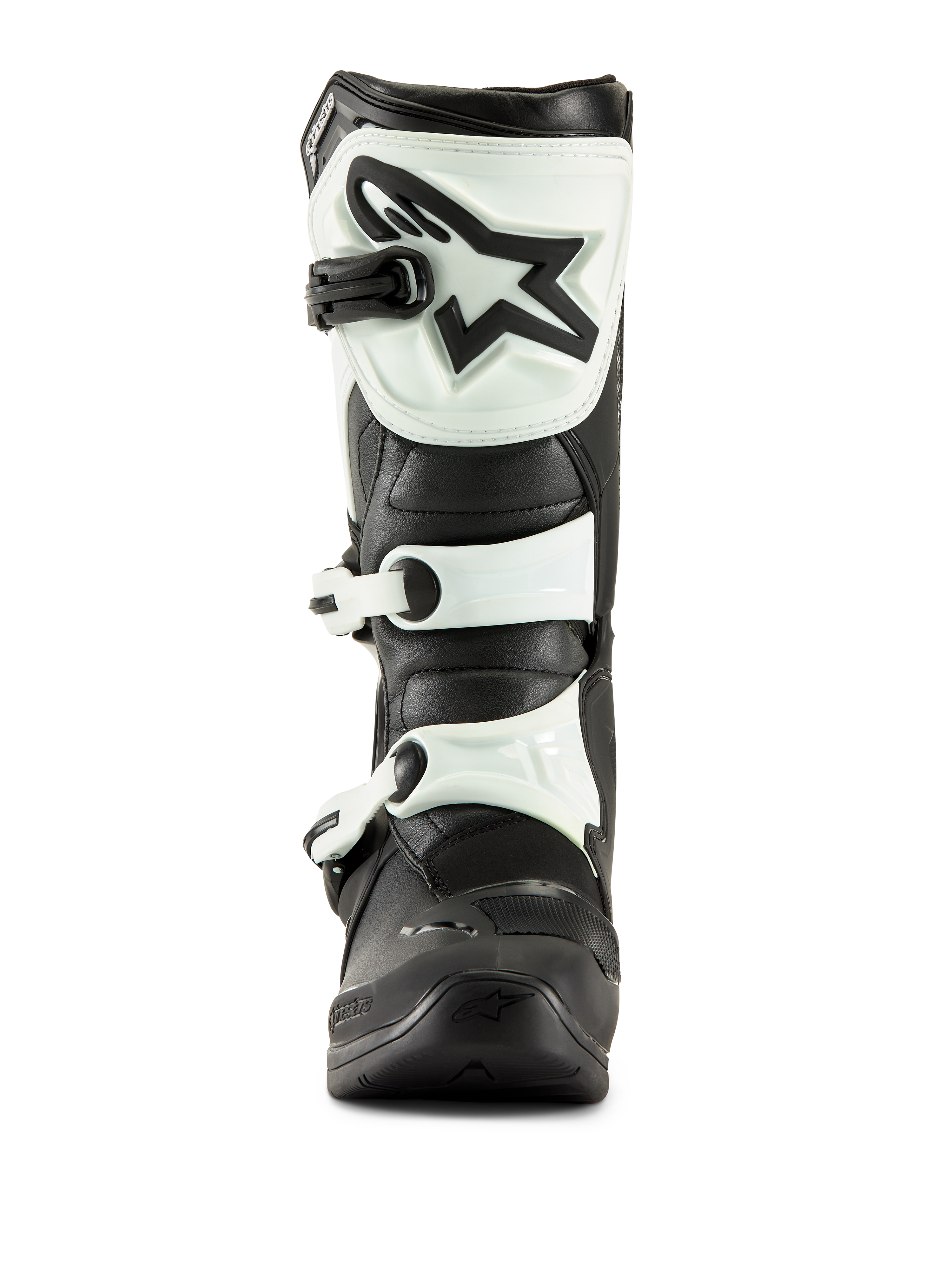 Alpinestars Tech 3 Boots, Motocross Boots, Black and White, front view showing white TPU shin plate with black star logo and white buckle straps, durable off-road footwear