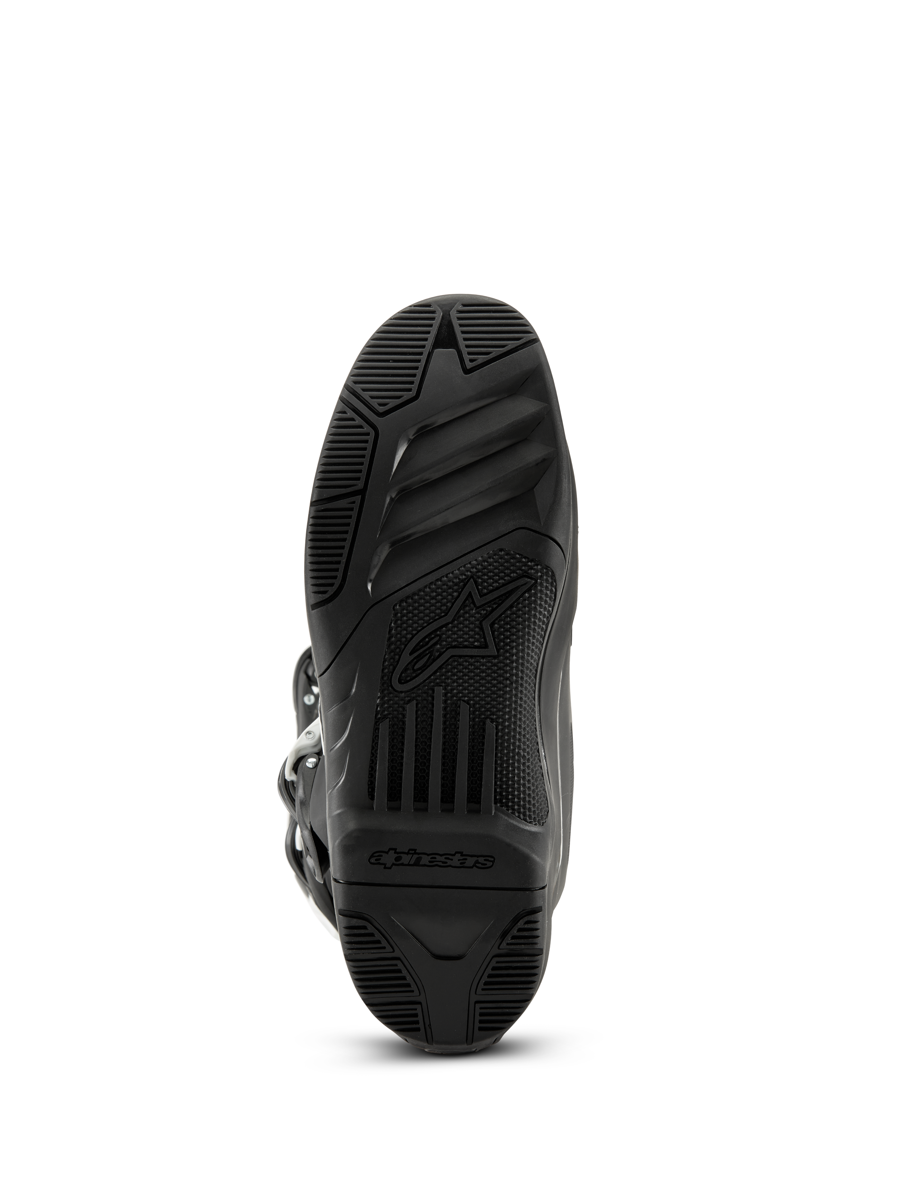 Alpinestars Tech 3 Boots, Motocross Boots, Black, bottom view of the textured rubber outsole featuring the Alpinestars logo and wordmark, high-grip tread design for off-road performance
