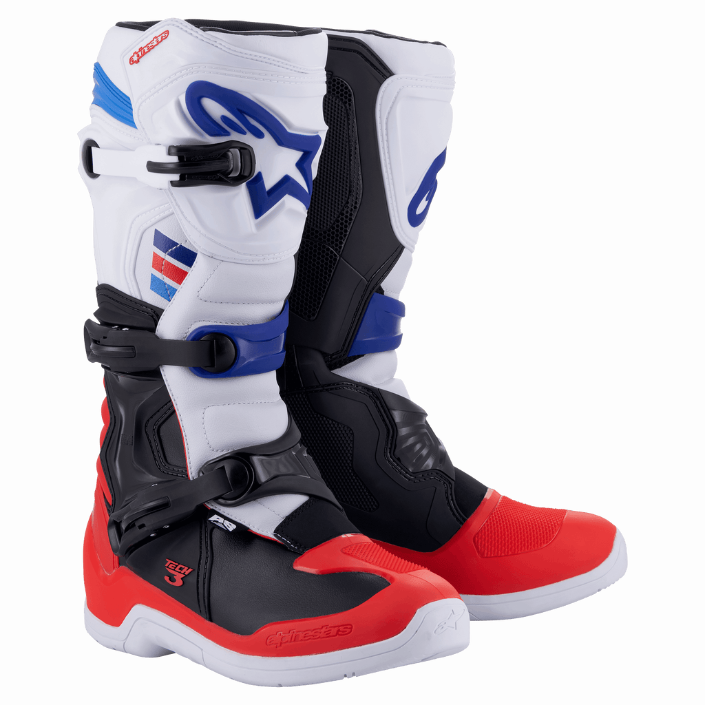 Alpinestars Tech 3-stövlar, motocross- och offroadstövlar, vit, röd och mörkblå, med tredubbel spännesstängning, TPU-skydd för skenben och häl, hållbar mikrofiberkonstruktion med vita sulor och blå logotypdetaljer