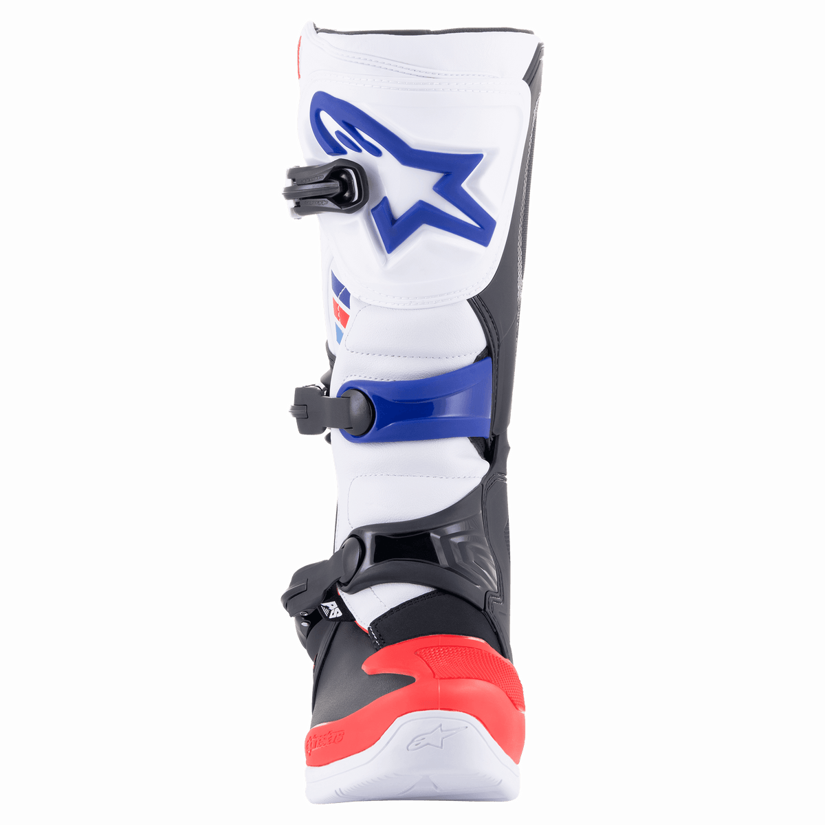 Alpinestars Tech 3-stövlar, motocrossstövlar, vita, klaröda och mörkblå, vy framifrån som visar den skyddande TPU-skenbensplattan med blå logotyp, stängningssystem med tre spännen och förstärkt rött tåparti