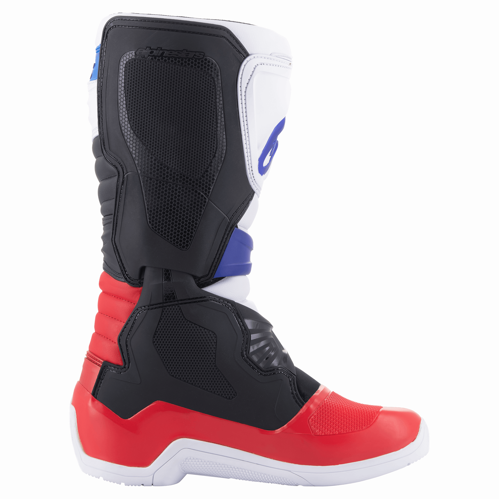 Alpinestars Tech 3 Boots, motocross-stövlar, vita, klarröda och mörkblå, sidoprofil som framhäver TPU-skenbenplattan och den skyddande konstruktionen, slitstarkt syntetmaterial för terrängkörning