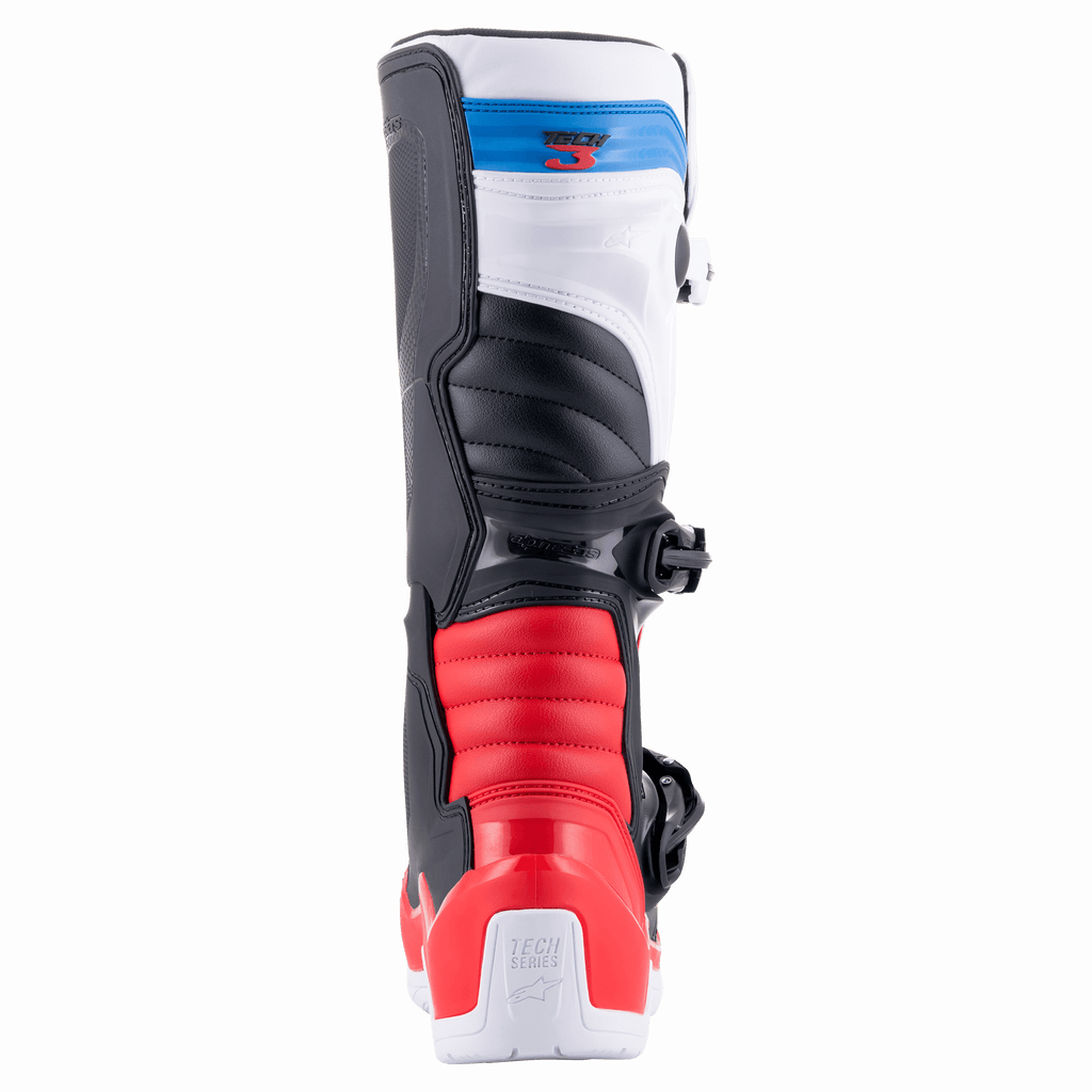 Alpinestars Tech 3-stövlar, motocross-stövlar, vit, klar röd och mörkblå, vy bakifrån som visar röda dragspelsformade flexzoner, vit ovandel med blå logotyp-rem och skyddande hälkappa