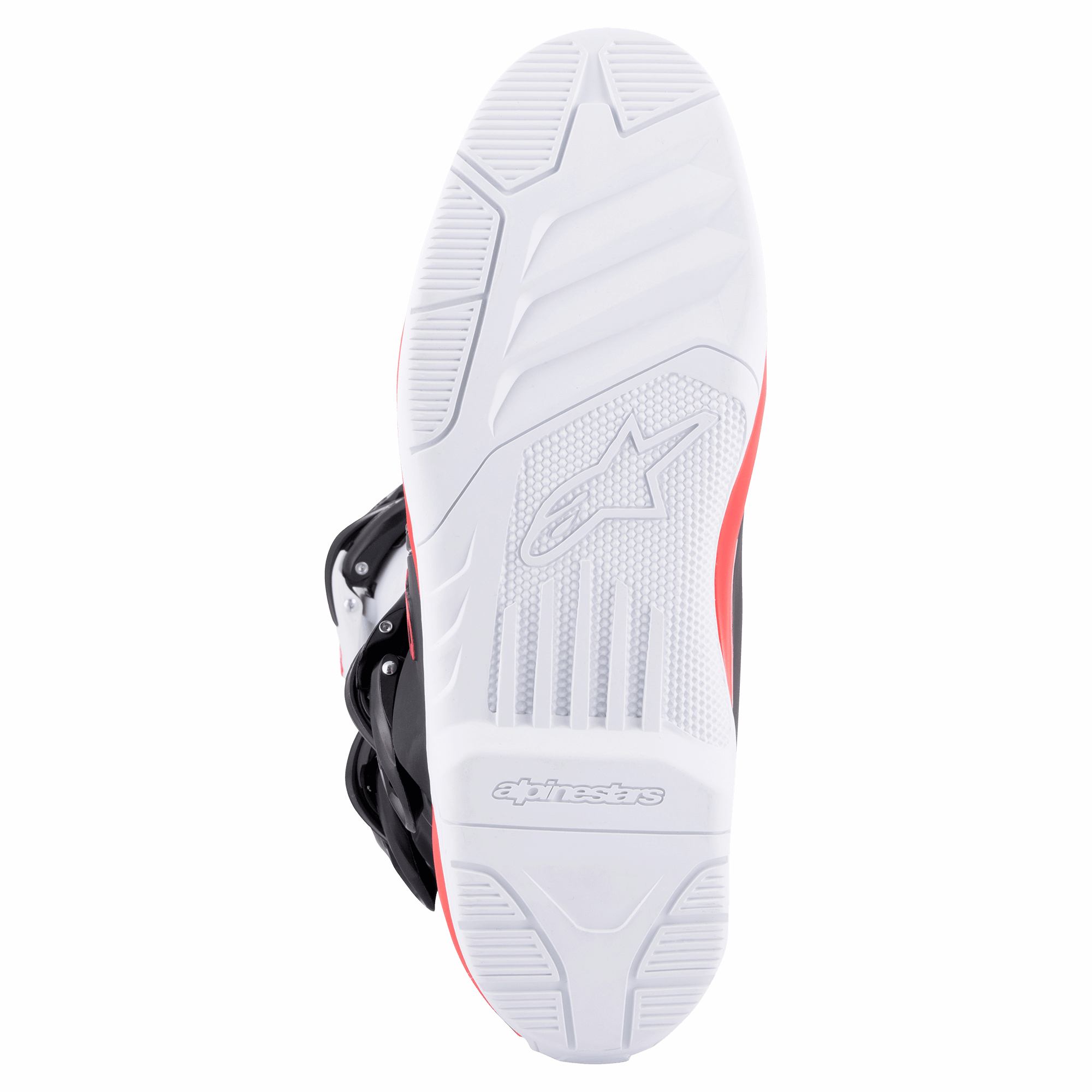 Alpinestars Tech 3-stövlar, White Bright Red Dark Blue, närbild av den vita yttersulan i gummi med högt grepp, mönstrad profil och präglad logotyp, designad för motocross och terrängprestanda.