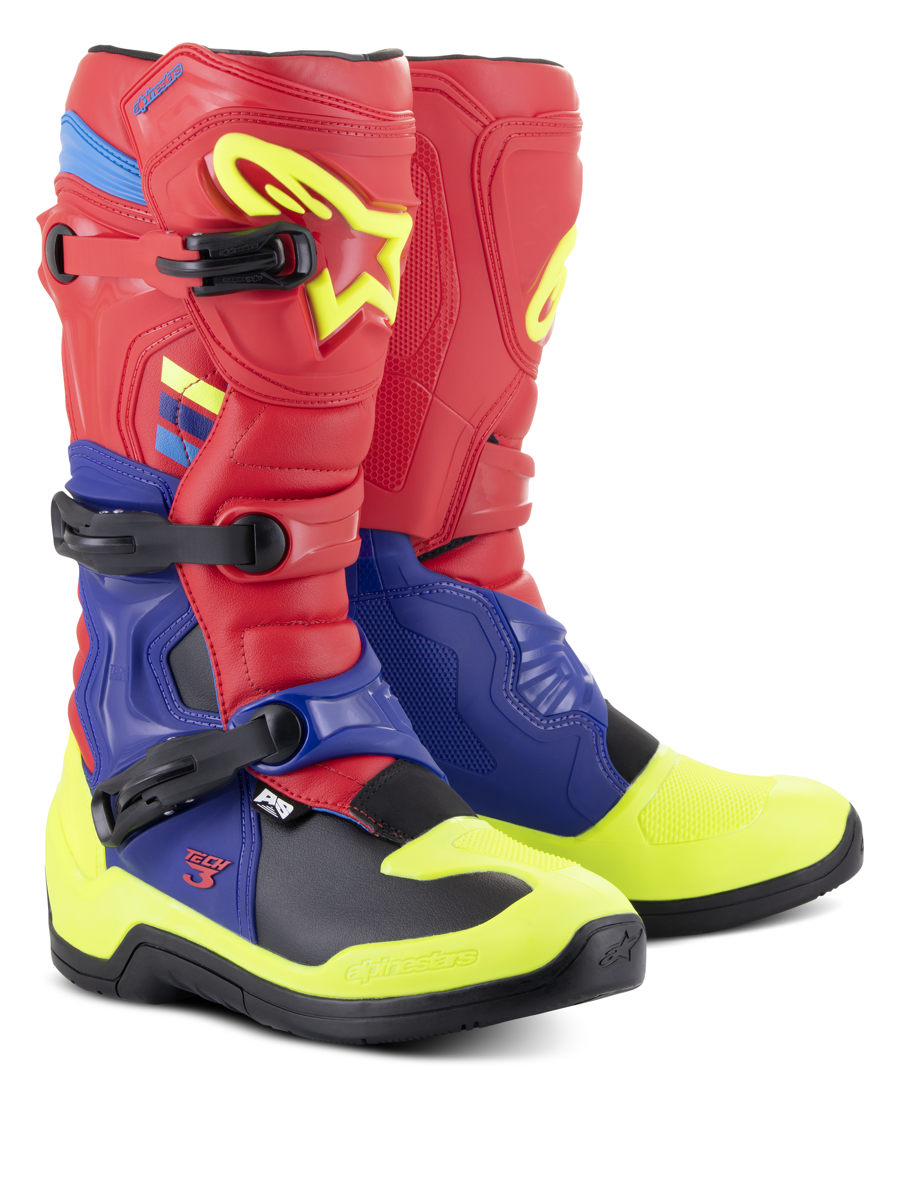 Alpinestars Tech 3 Boots, Motocross Boots, Bright Red, Dark Blue and Yellow Fluo, featuring triple polymer buckles, contoured TPU protection plates, and a high-grip black outsole, designed for motocross and off-road performance.