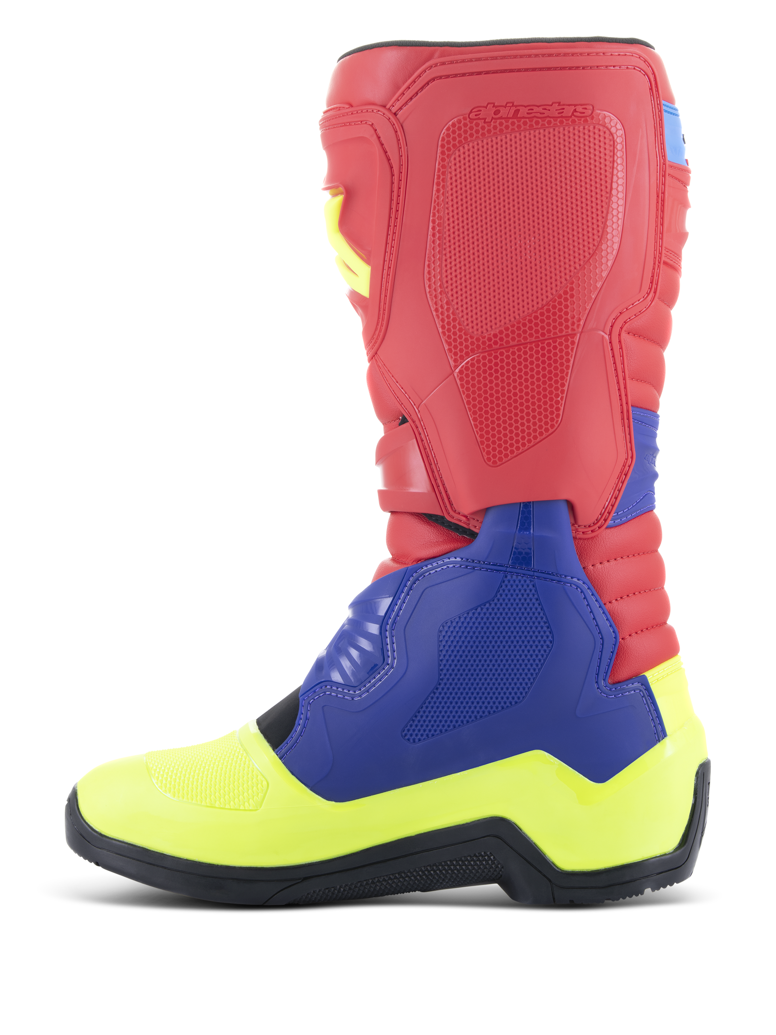 Alpinestars Tech 3 Boots, Motocross Boots, Bright Red, Dark Blue, and Yellow Fluo, side profile view, featuring a vibrant multi-color design with protective TPU panels, a reinforced foot shell, and a black high-grip rubber outsole.