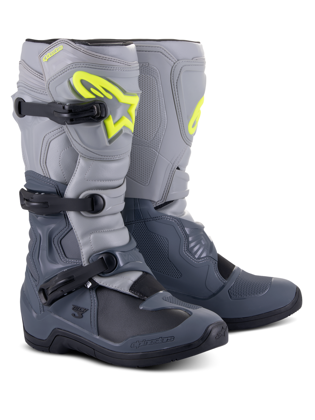 Alpinestars Tech 3 Boots, Motocross Boots, Dark Gray, Light Gray and Black, featuring a prominent fluorescent yellow Alpinestars logo, three-buckle closure system, and reinforced protective panels for off-road performance.