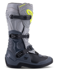Alpinestars Tech 3 Boots, Motocross Boots, Dark Gray Light Gray and Black, side view featuring three black polymer buckles, TPU protection panels, and a bright yellow Alpinestars logo on the upper shin area