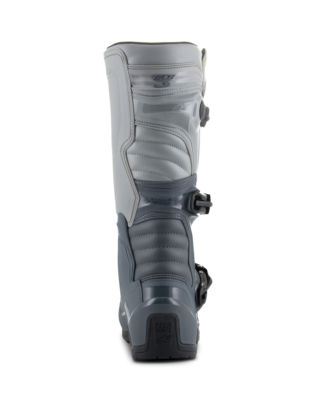 Alpinestars Tech 3 Boots, Motocross Boots, Dark Gray, Light Gray, and Black, rear view featuring durable TPU protection plates, segmented gray panels, and 'Tech Series' branding on the heel.
