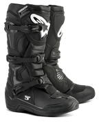 Alpinestars Tech 3 Boots, Black Motocross Boots, Off-road performance footwear, triple buckle closure system, TPU reinforced shin plate with white logo branding, durable high-grip sole, lightweight microfiber construction