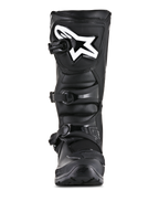 Alpinestars Tech 3 Enduro Boots, Off-Road Motorcycle Boots, Black, front view featuring a white Alpinestars logo on the shin plate, three-buckle closure system, and rugged microfiber and TPU construction.