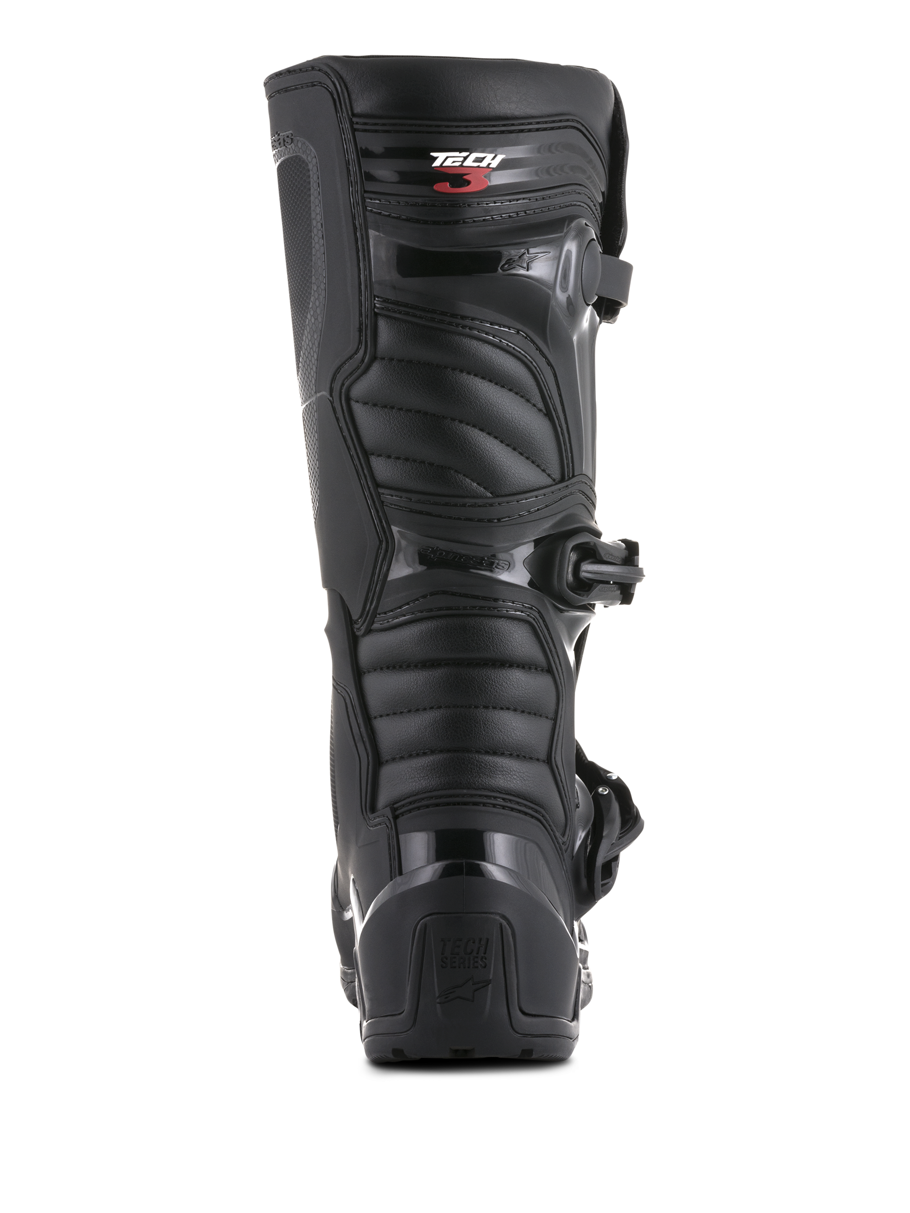 Alpinestars Tech 3 Enduro Boots, Rear View, Black, featuring TPU heel counter with Tech Series branding and ribbed flexible panels, durable protective footwear for motocross and off-road riding