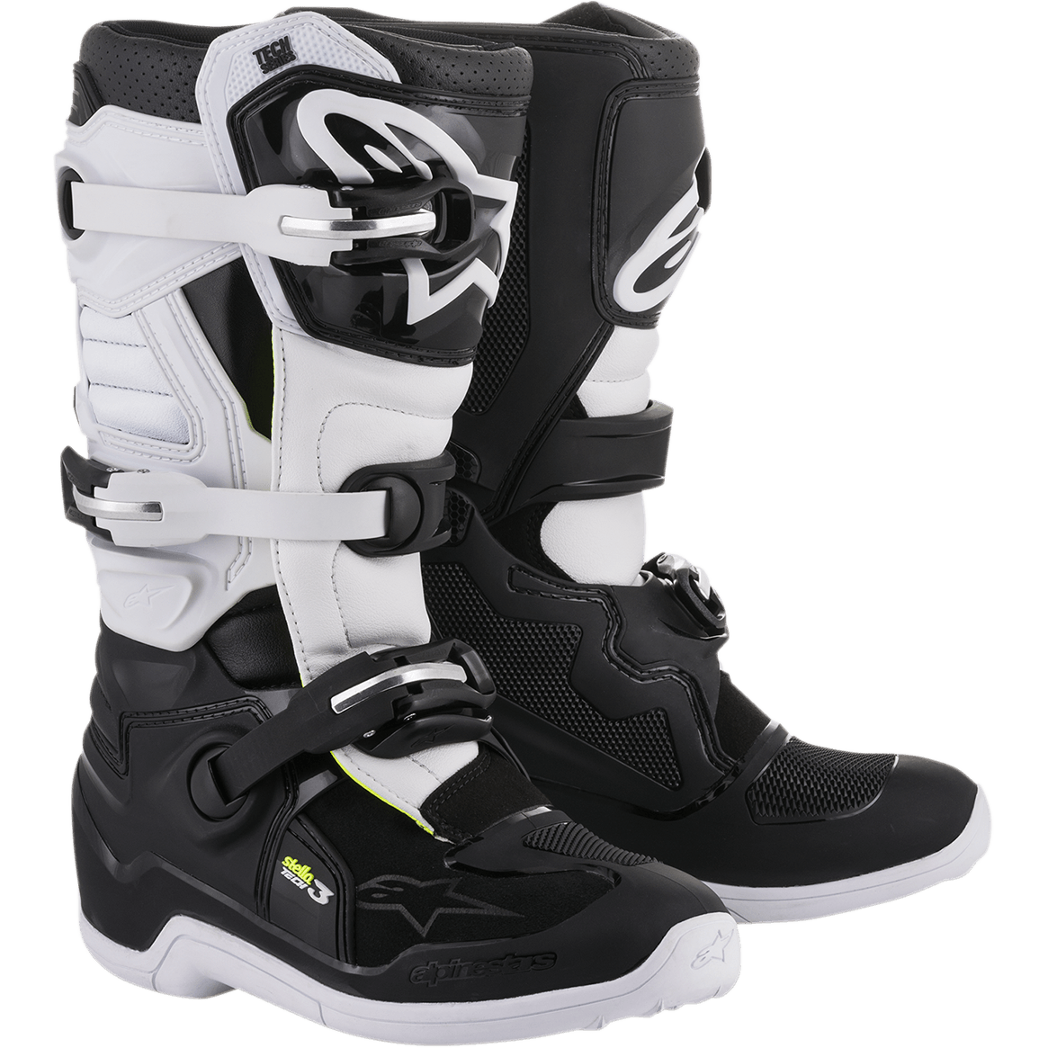 Alpinestars Stella Tech 3 damstövlar, terrängstövlar för motocross, svarta och vita, med ett stängningssystem med tre spännen, vita TPU-skenbensplattor med Alpinestars-logotyp, svart mikrofiberöverdel med vita paneler, vita sulor, skyddande prestandafotbeklädnad för kvinnliga förare
