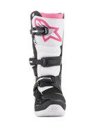 Alpinestars Women Stella Tech 3 Boots, Motocross Boots, Black White and Pink, front view featuring a white shin plate with a pink Astars logo, black buckle closure system, and pink upper cuff, durable protective footwear for off-road riding.