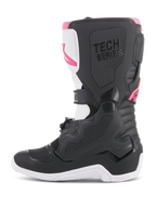 Alpinestars Women Stella Tech 3 Boots, Motocross Boots, Black White and Pink, side profile featuring protective TPU shin plate, textured grip panels, and 'TECH SERIES' branding for off-road racing