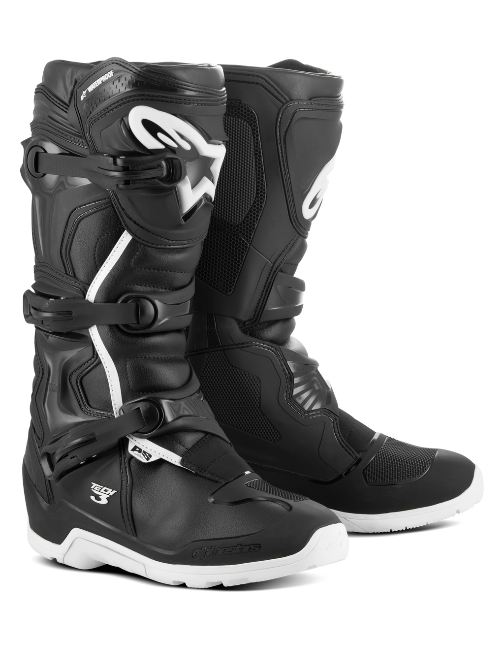 Alpinestars Tech 3 Enduro Waterproof-stövlar, motocross- och terrängstövlar, svarta och vita, med tre spännen, vit TPU-logotyp på smalbenet, förstärkt skydd för ankel och häl samt hållbara vita sulor.