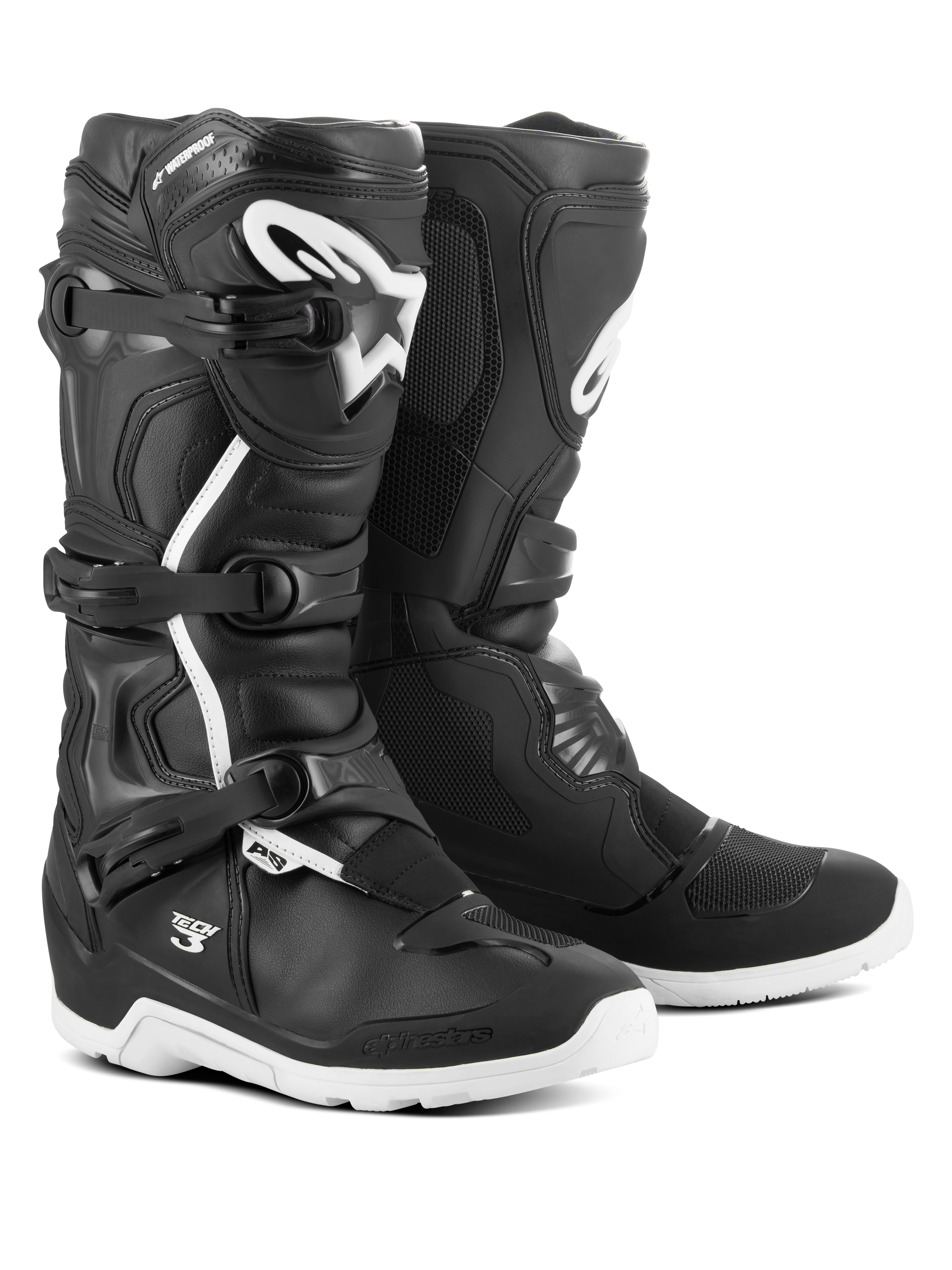 Alpinestars Tech 3 Enduro Waterproof-stövlar, motocross- och terrängstövlar, svarta och vita, med tre spännen, vit TPU-logotyp på smalbenet, förstärkt skydd för ankel och häl samt hållbara vita sulor.