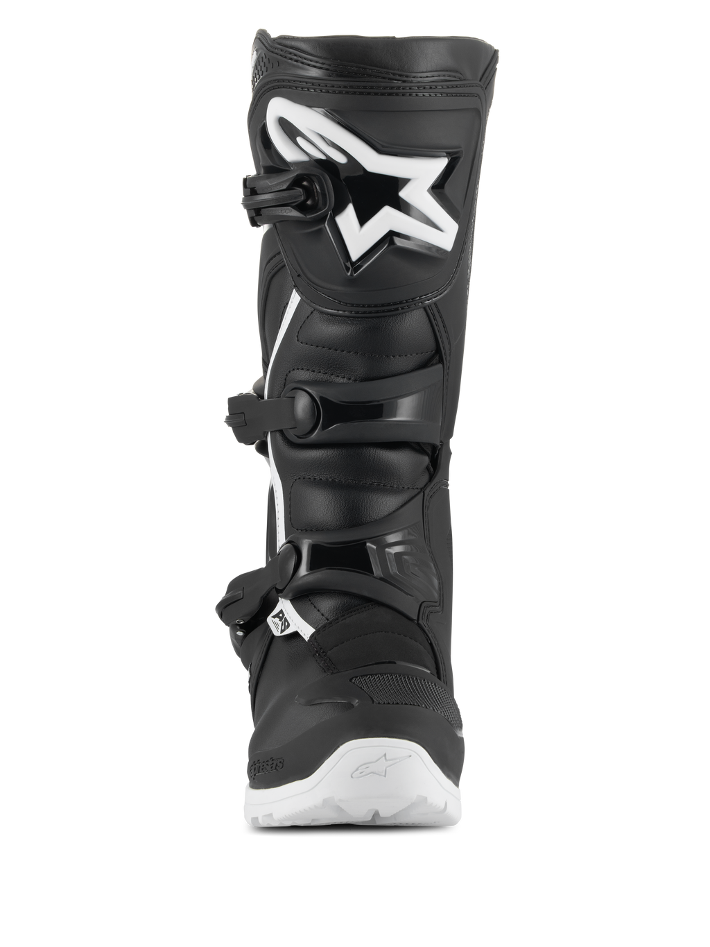 Alpinestars Tech 3 Enduro Waterproof-stövlar, motocross- och endurostövlar, svart och vit, frontvy med en stor vit stjärnlogotyp på TPU-skenbensskyddet, stängningssystem med tre spännen och en kraftig vit sula för bra grepp i terräng.