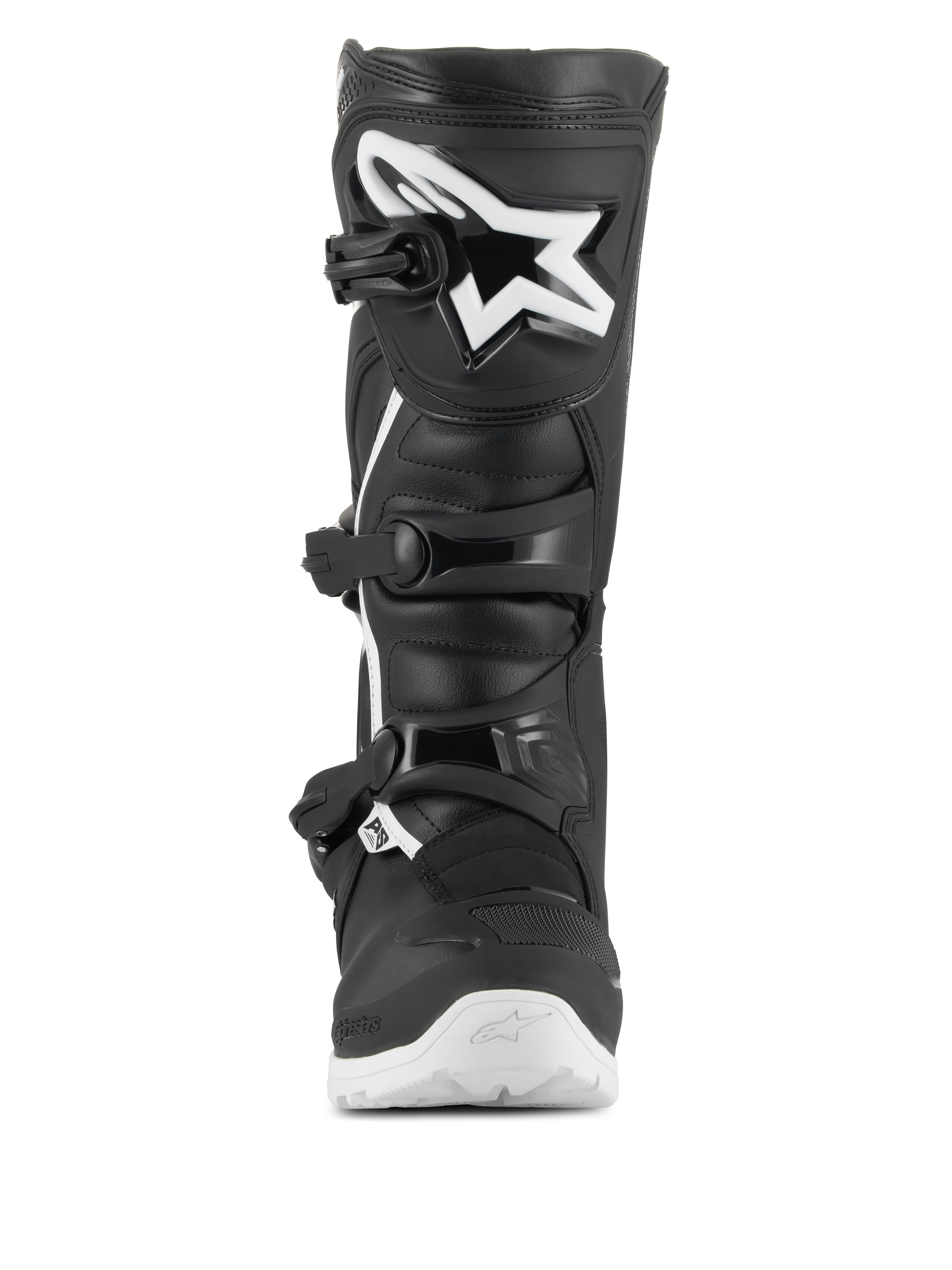 Alpinestars Tech 3 Enduro Waterproof-stövlar, motocross- och endurostövlar, svart och vit, frontvy med en stor vit stjärnlogotyp på TPU-skenbensskyddet, stängningssystem med tre spännen och en kraftig vit sula för bra grepp i terräng.