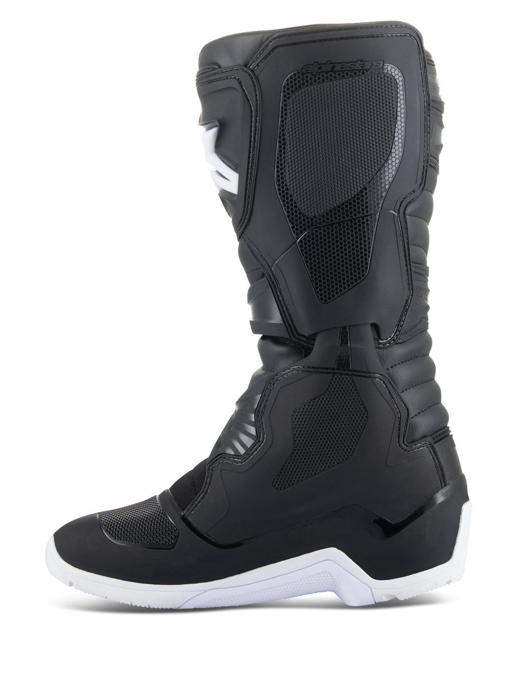 Alpinestars Tech 3 Enduro Waterproof stövlar, motocross- och endurostövlar, svarta och vita, sidoprofilvy med texturerade skyddspaneler, vit robust sula och vattentät syntetisk ovandel för terrängkörning