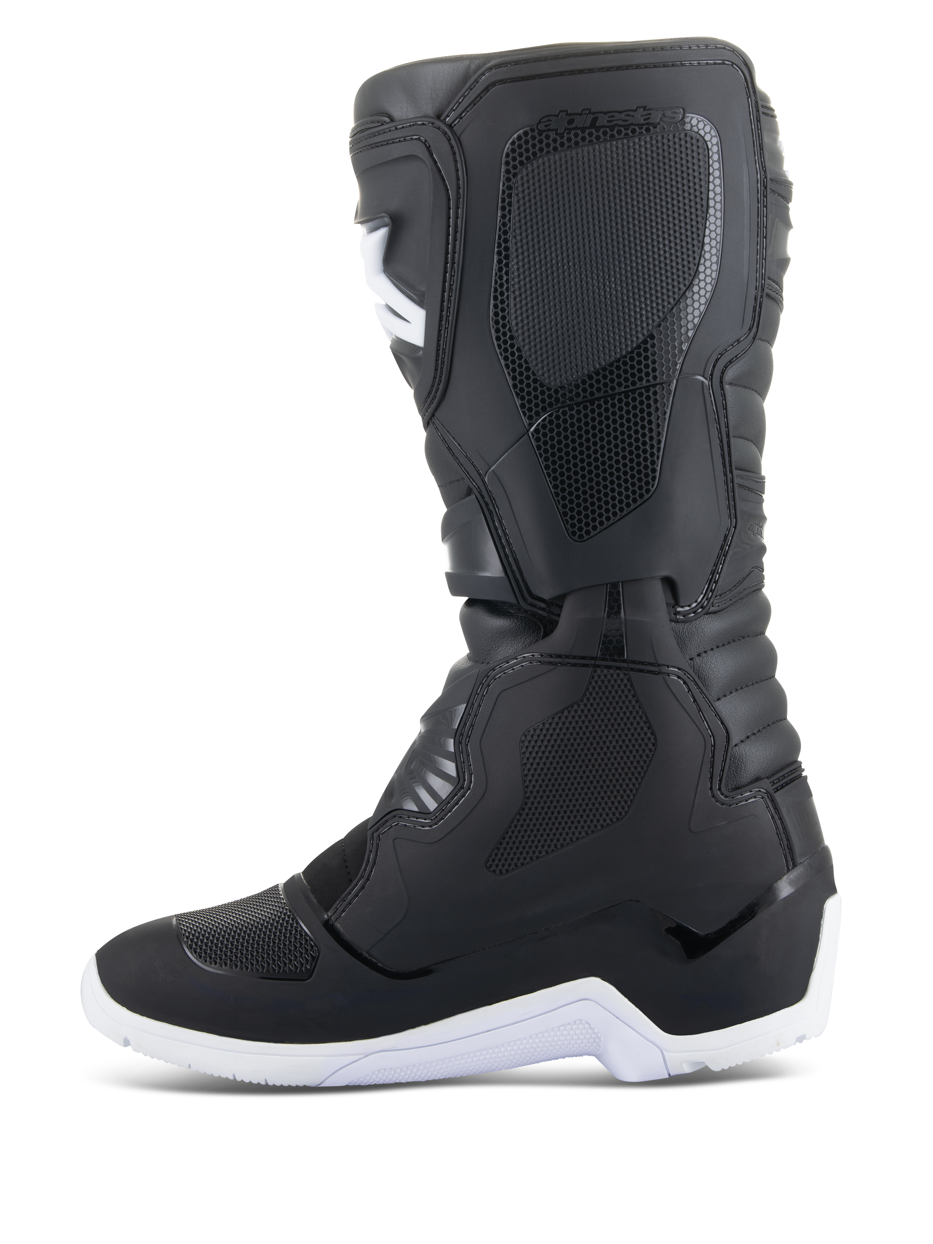 Alpinestars Tech 3 Enduro Waterproof stövlar, motocross- och endurostövlar, svarta och vita, sidoprofilvy med texturerade skyddspaneler, vit robust sula och vattentät syntetisk ovandel för terrängkörning