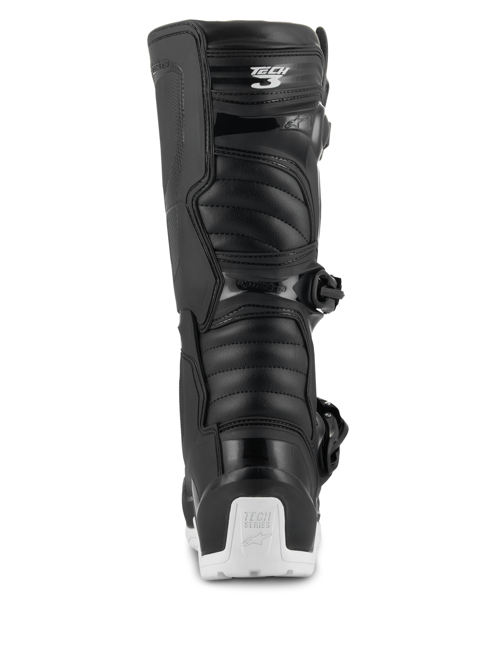 Alpinestars Tech 3 Enduro Waterproof-stövlar, motocross- och endurostövlar, svarta och vita, vy bakifrån som visar Tech 3-logotypen på vaden, dragspelsformade flexpaneler och ett vitt hälskydd med Tech Series-logotyp, designade för terräng- och äventyrskörning