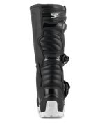 Alpinestars Tech 3 Enduro Waterproof-stövlar, motocross- och endurostövlar, svarta och vita, vy bakifrån som visar Tech 3-logotypen på vaden, dragspelsformade flexpaneler och ett vitt hälskydd med Tech Series-logotyp, designade för terräng- och äventyrskörning