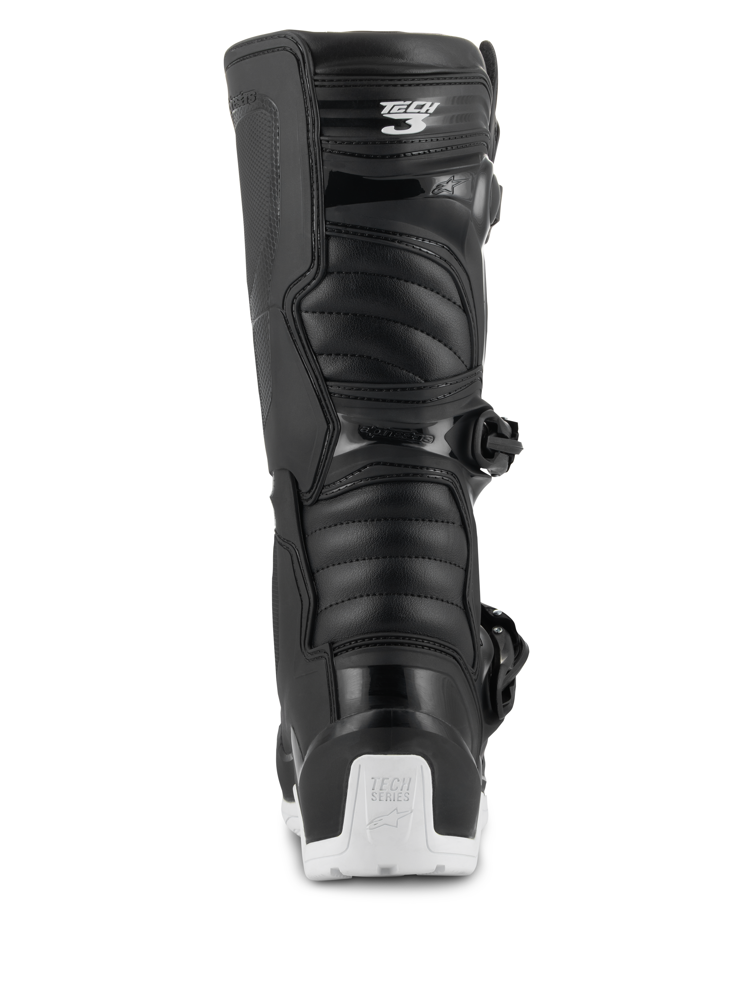 Alpinestars Tech 3 Enduro Waterproof-stövlar, motocross- och endurostövlar, svarta och vita, vy bakifrån som visar Tech 3-logotypen på vaden, dragspelsformade flexpaneler och ett vitt hälskydd med Tech Series-logotyp, designade för terräng- och äventyrskörning