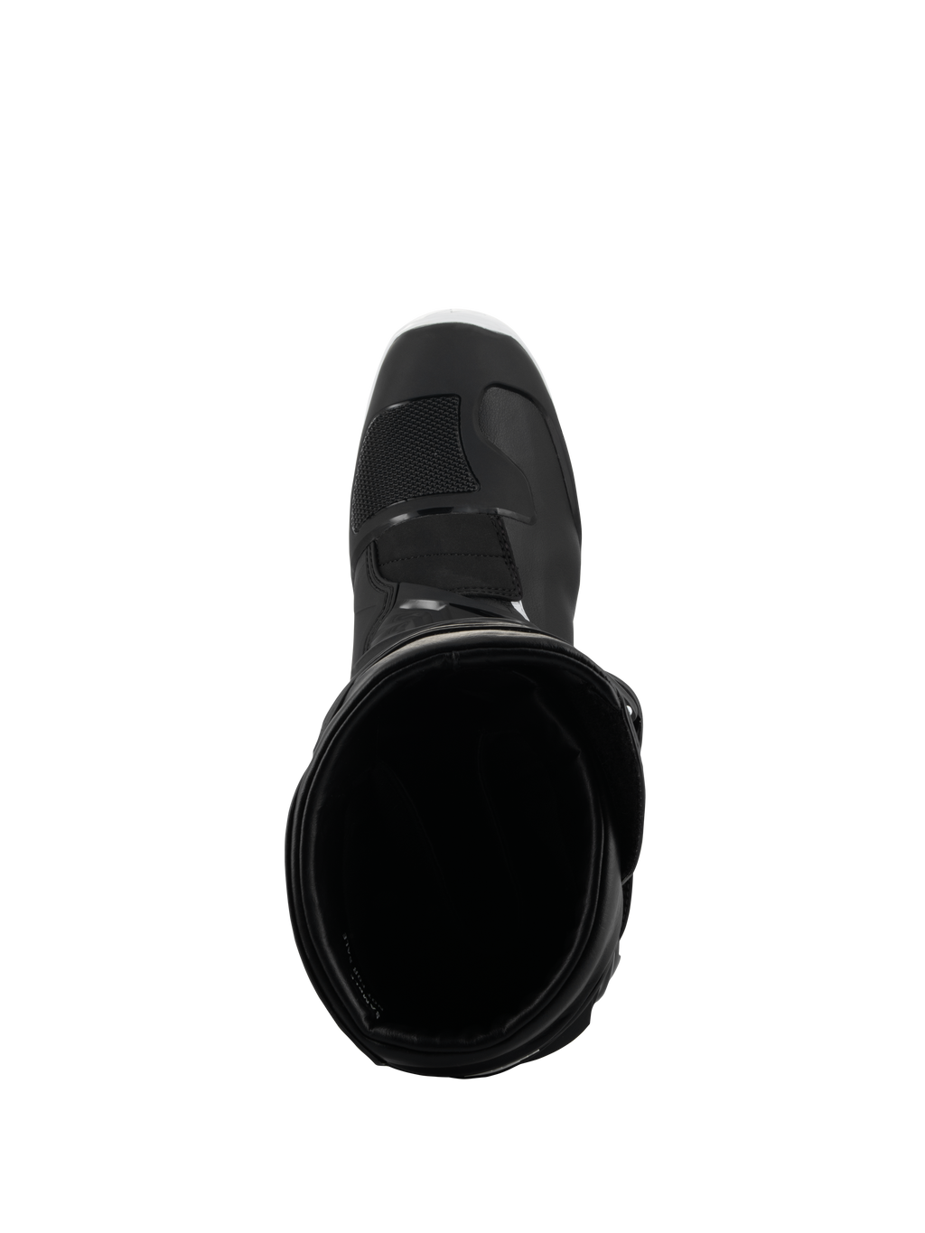Alpinestars Tech 3 Enduro Waterproof Boots, svart och vit, vy ovanifrån in i stövelöppningen som visar det inre fodret och den förstärkta tåboxen, designad för terräng- och äventyrskörning.