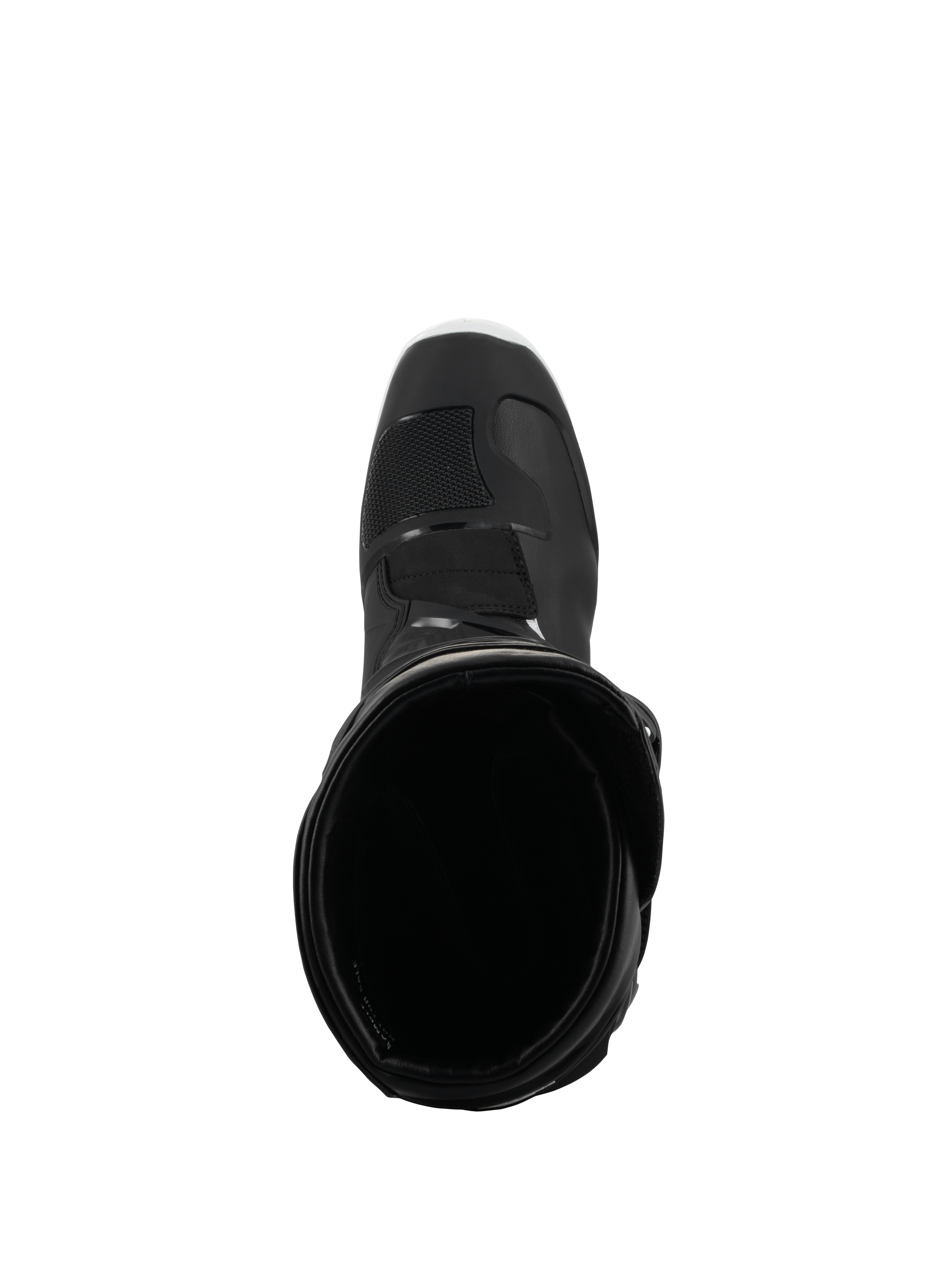 Alpinestars Tech 3 Enduro Waterproof Boots, svart och vit, vy ovanifrån in i stövelöppningen som visar det inre fodret och den förstärkta tåboxen, designad för terräng- och äventyrskörning.