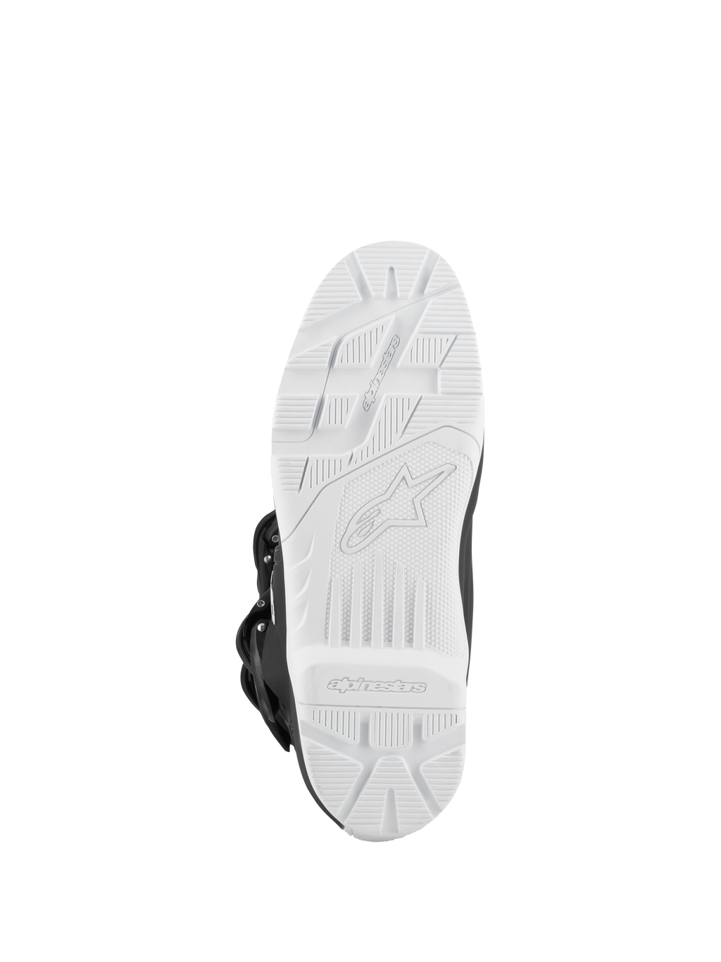Alpinestars Tech 3 Enduro vattentäta stövlar, svarta och vita, vy underifrån av den vita greppvänliga profilerade sulan, terrängmönster med präglad logotyp, slitstark yttersula designad för motocross- och enduroprestanda.